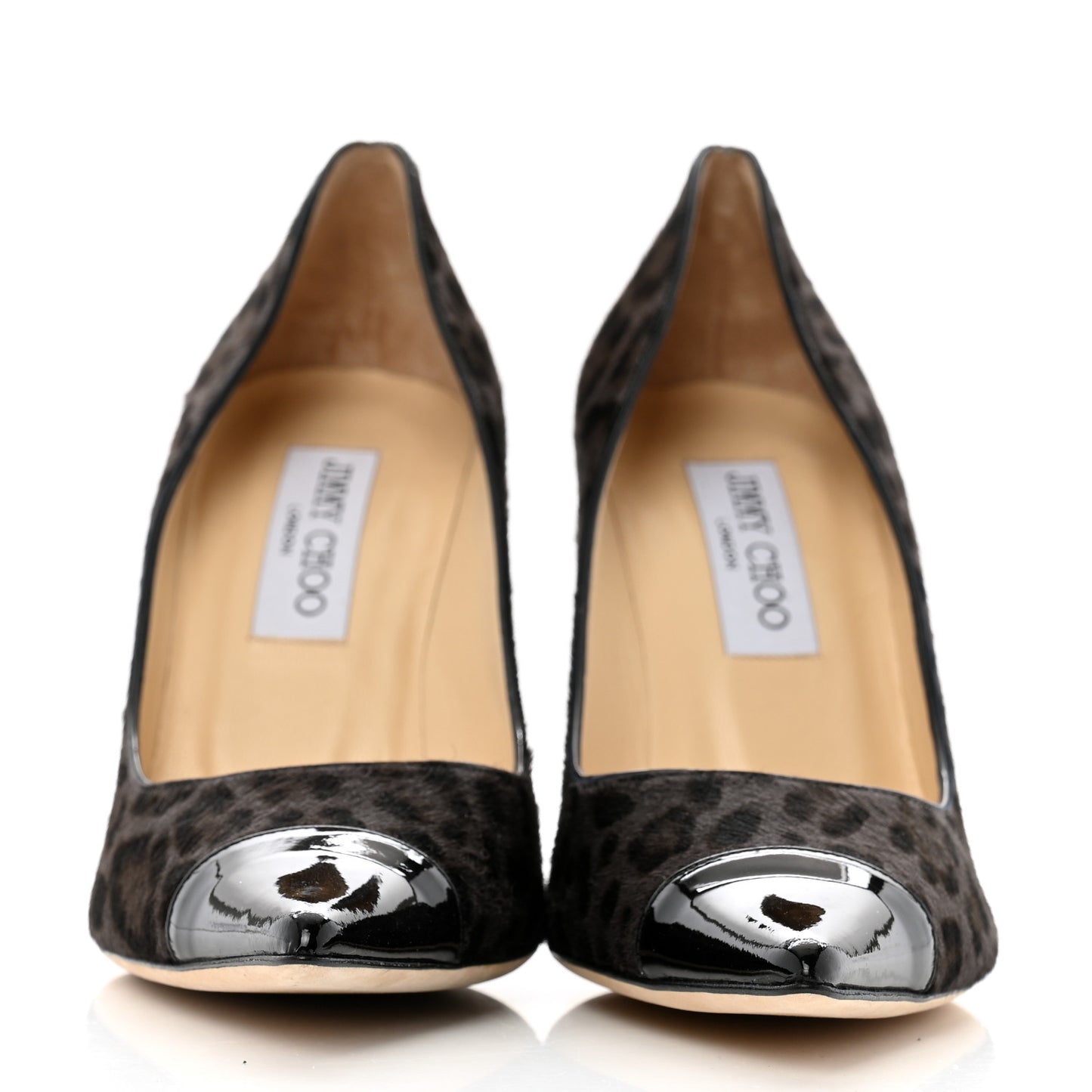 Pony Hair Patent Calfskin Leopard Print Mika 85 Cap Toe Pumps 37 Smoke Black