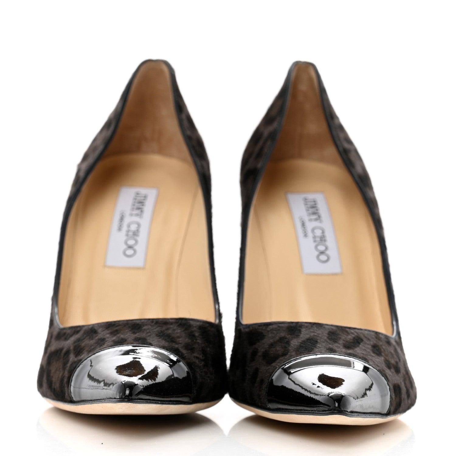 Jimmy Choo Pony Hair Patent Calfskin Leopard Print Mika 85 Cap Toe Pumps 37 Smoke Black 3 of 11