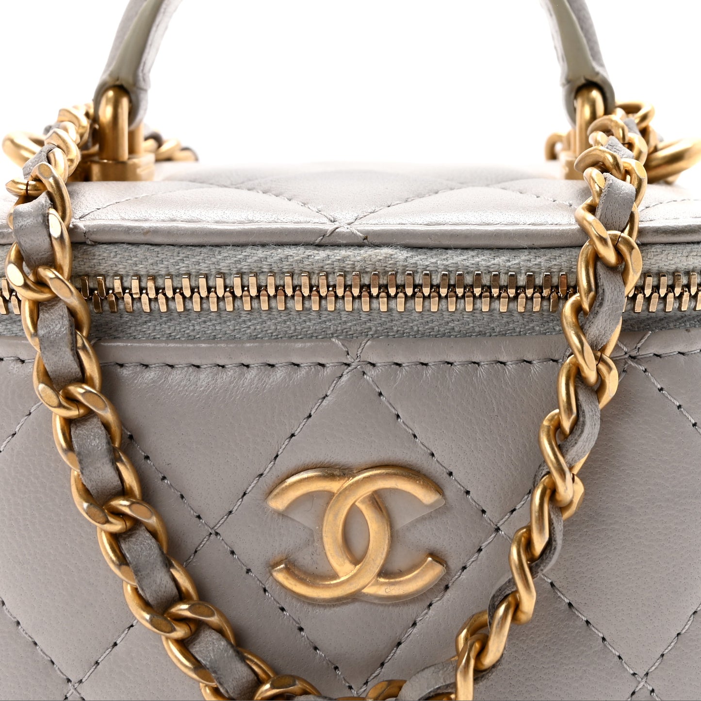 Lambskin Quilted Top Handle Mini Vanity Case With Chain Grey
