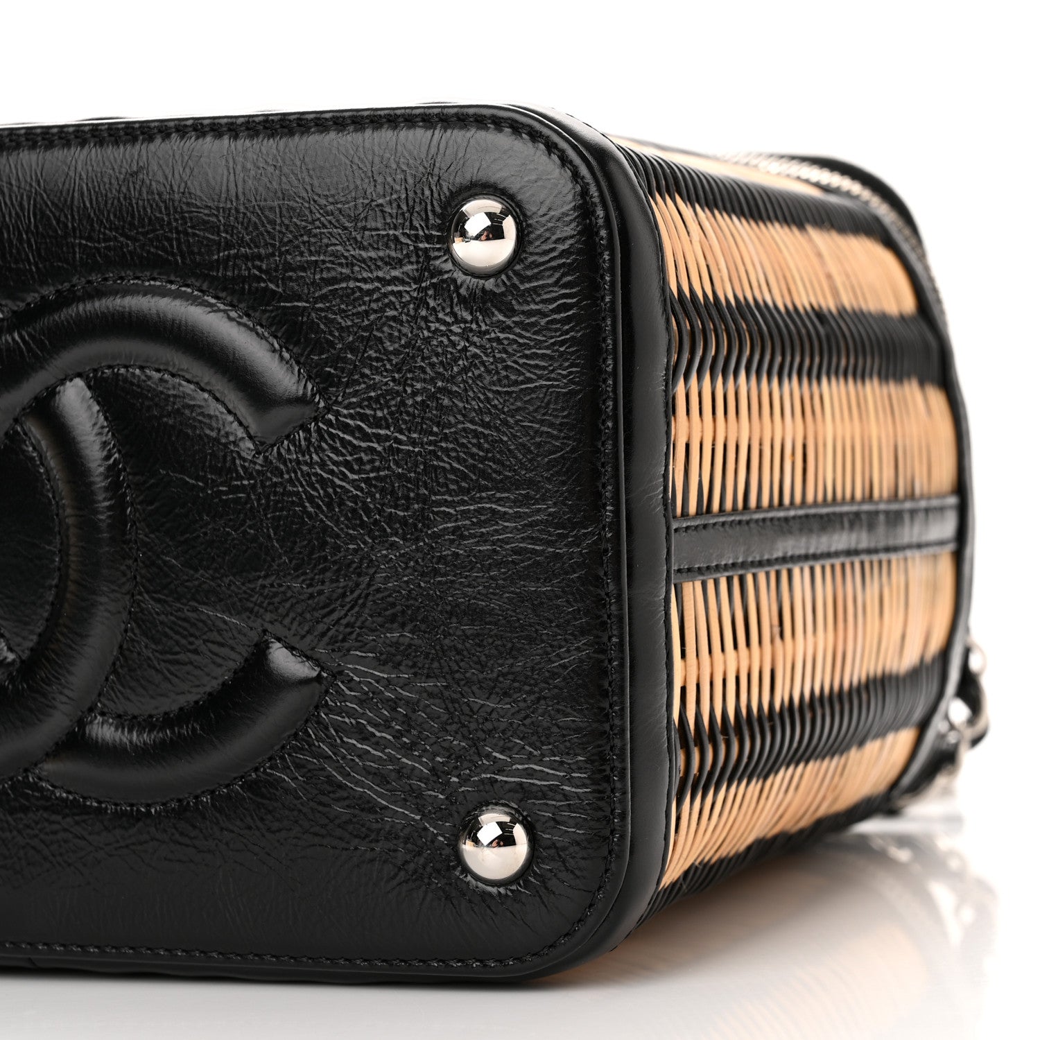 Chanel Glazed Calfskin Raffia Vanity Case Bag Black Beige 10 of 12