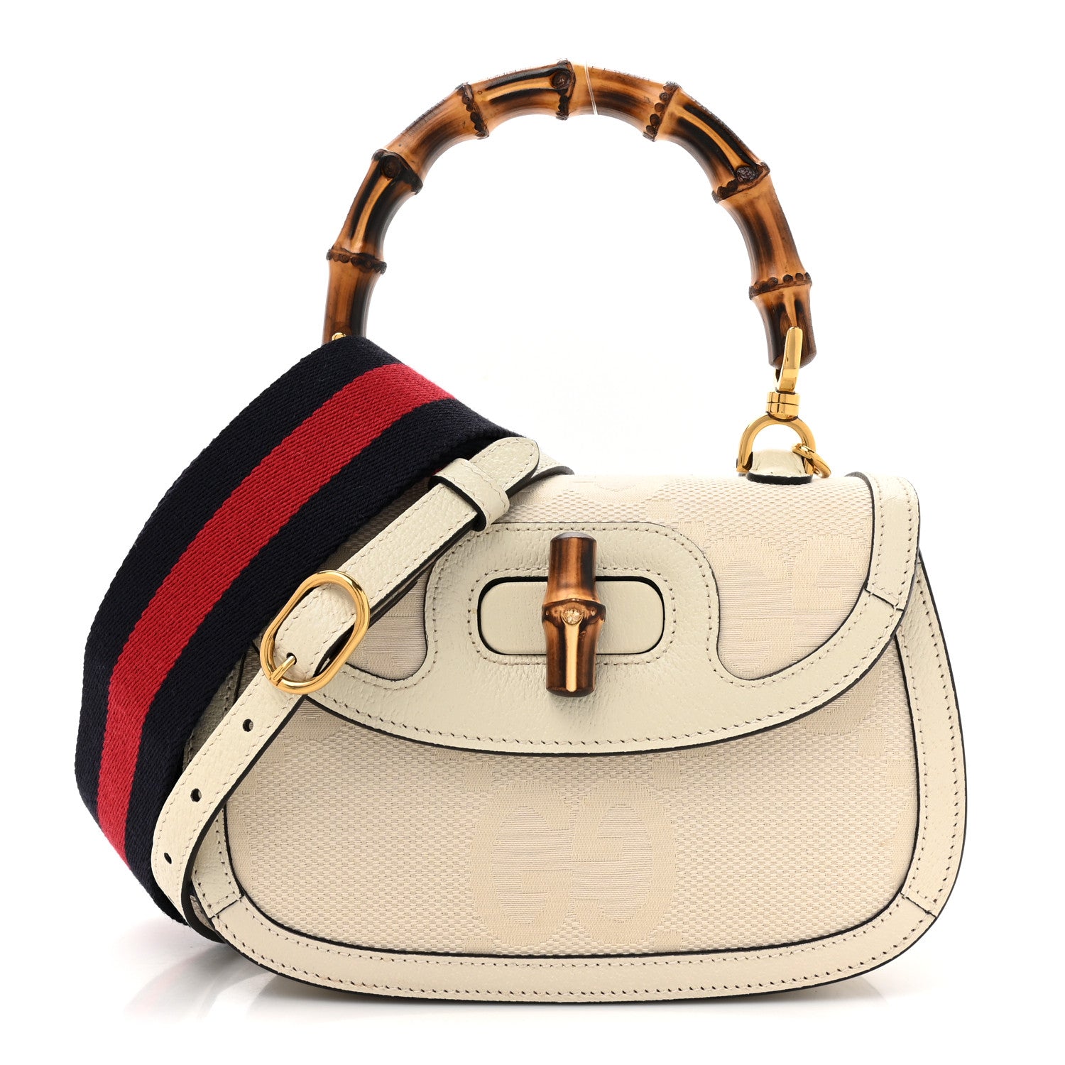 Gucci Monogram Jumbo GG Textured Dollar Calfskin Web Small Bamboo 1947 Top Handle Bag Off White 1 of 15
