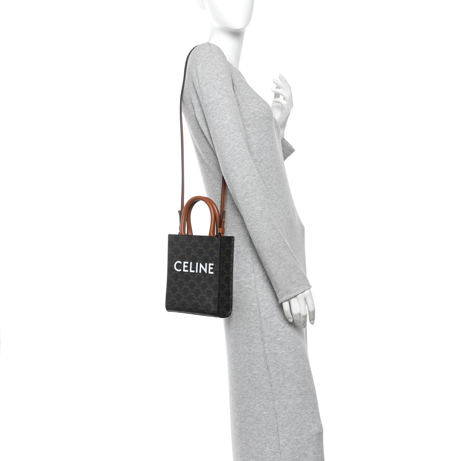 Celine Triomphe Canvas Calfskin Mini Vertical Cabas Tan Tan 2 of 9