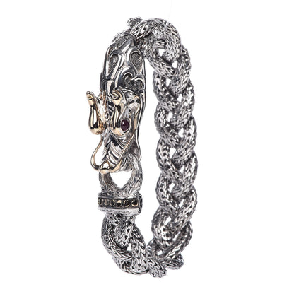John Hardy Sterling Silver 18K Yellow Gold Ruby Naga Dragon Braided Chain Bracelet 1 of 6