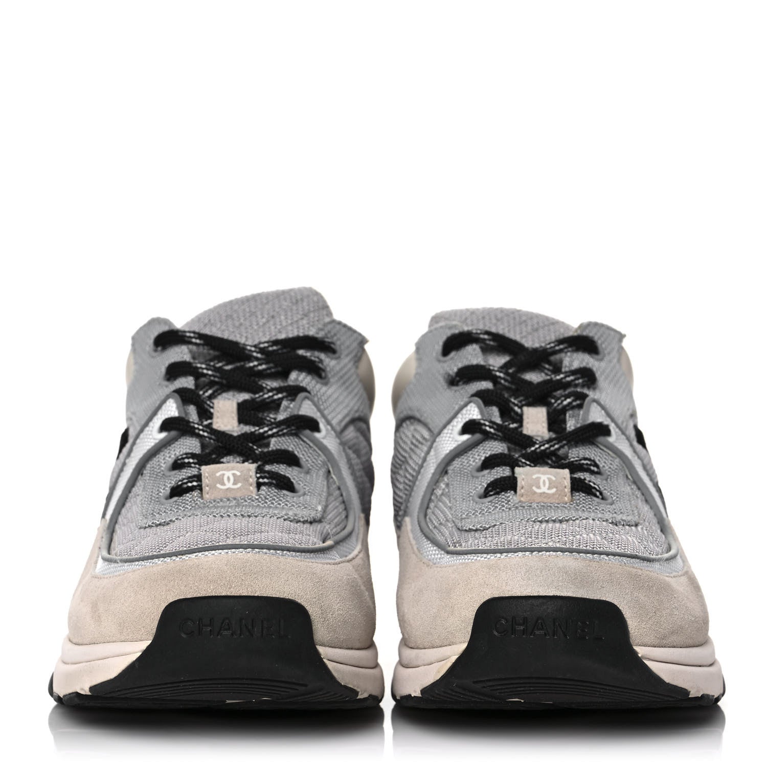 Chanel Nylon Calfskin Suede Womens CC Sneakers 41 Grey White Pink 2 of 9