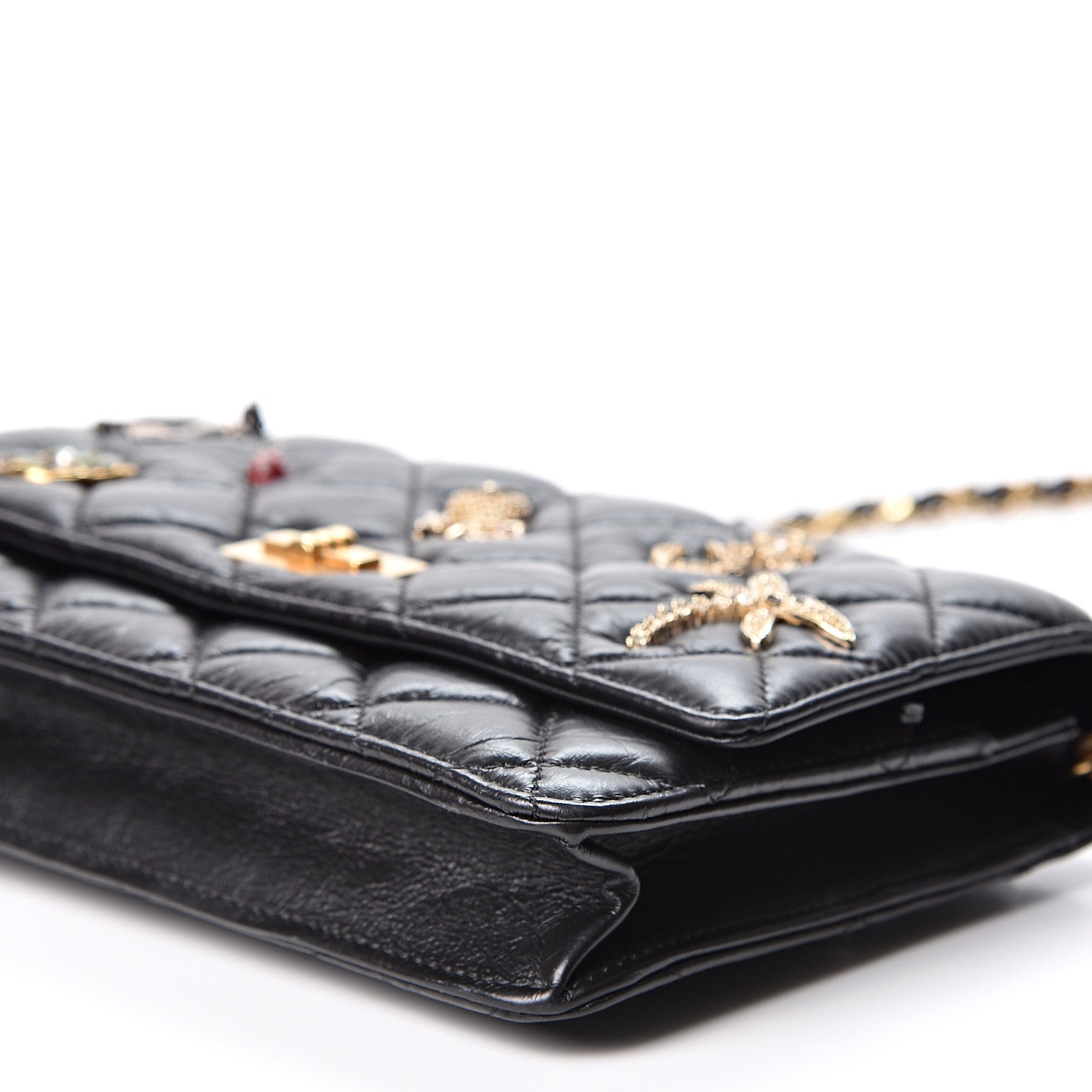 Chanel Aged Calfskin Quilted Lucky Charms 2.55 Reissue Wallet On Chain WOC Black 9 of 11