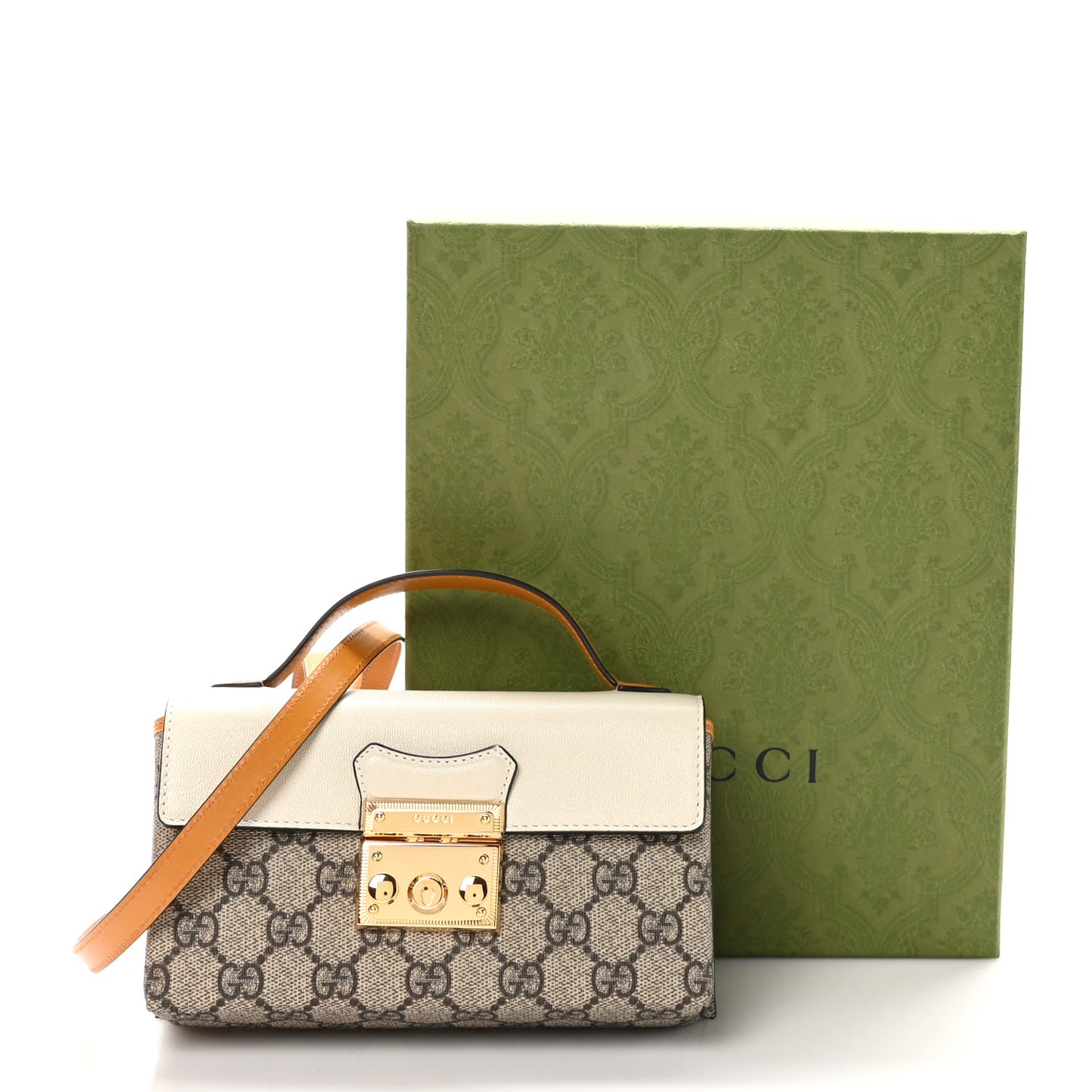 GG Supreme Monogram New Sakai Calfskin Mini Padlock Top Handle Shoulder Bag Beige Ebony Mystic White Sun Oil