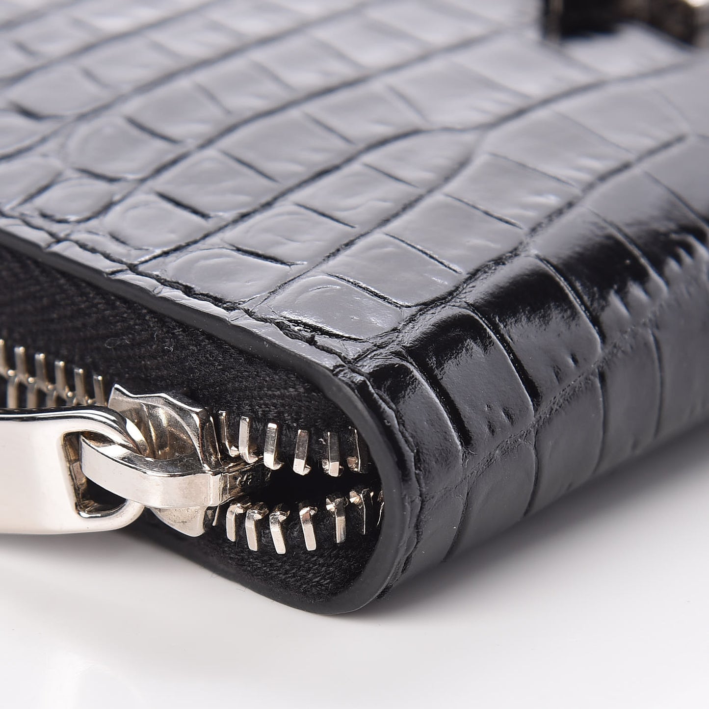 Calfskin Crocodile Embossed Monogram Zip Around Wallet Black