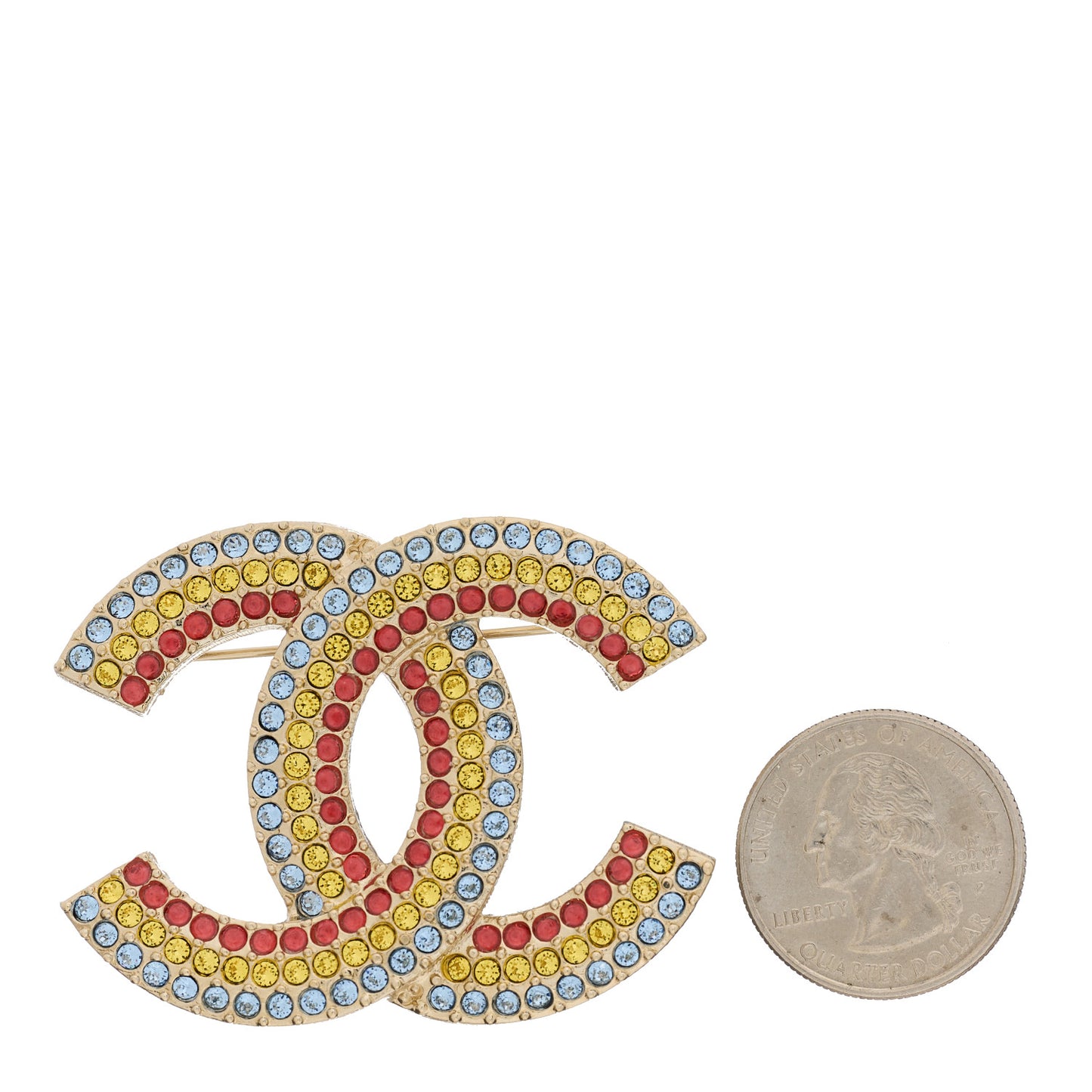 Metal Crystal CC Brooch Yellow Red Blue