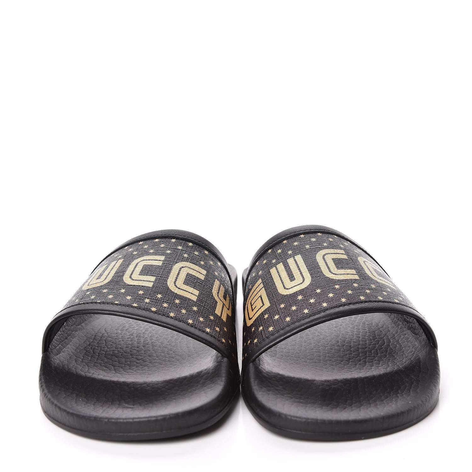 Gucci X SEGA Supreme Canvas GUCCY Stars Womens Slide Sandals 39 Black Gold 2 of 9