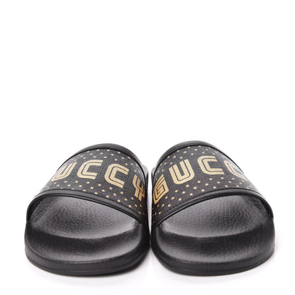 Gucci X SEGA Supreme Canvas GUCCY Stars Womens Slide Sandals 39 Black Gold 2 of 9