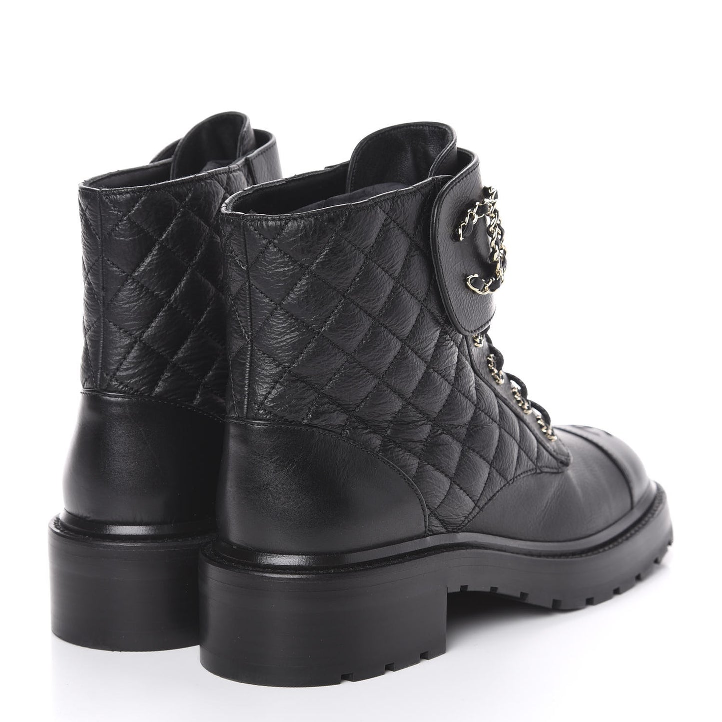 Shiny Goatskin Calfskin Quilted Lace Up Combat Boots 40 Black
