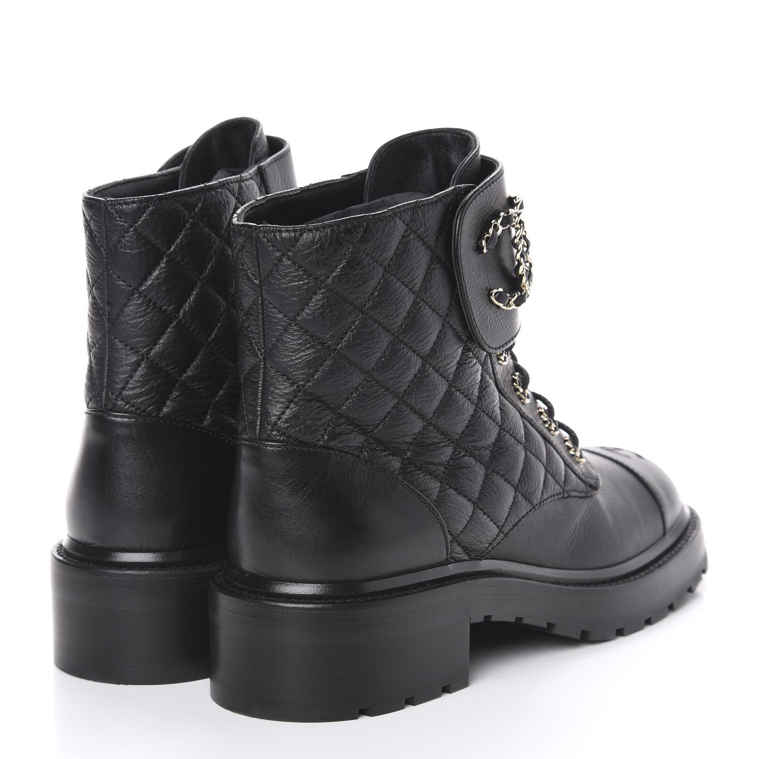 Chanel Shiny Goatskin Calfskin Quilted Lace Up Combat Boots 40 Black 4 of 10