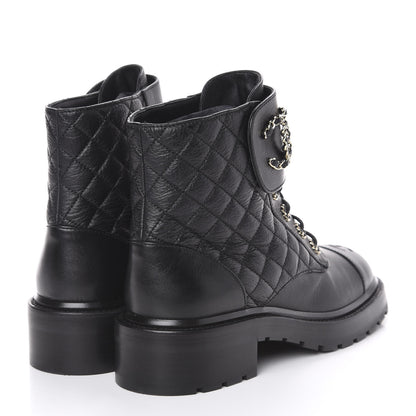 Chanel Shiny Goatskin Calfskin Quilted Lace Up Combat Boots 40 Black 4 of 10