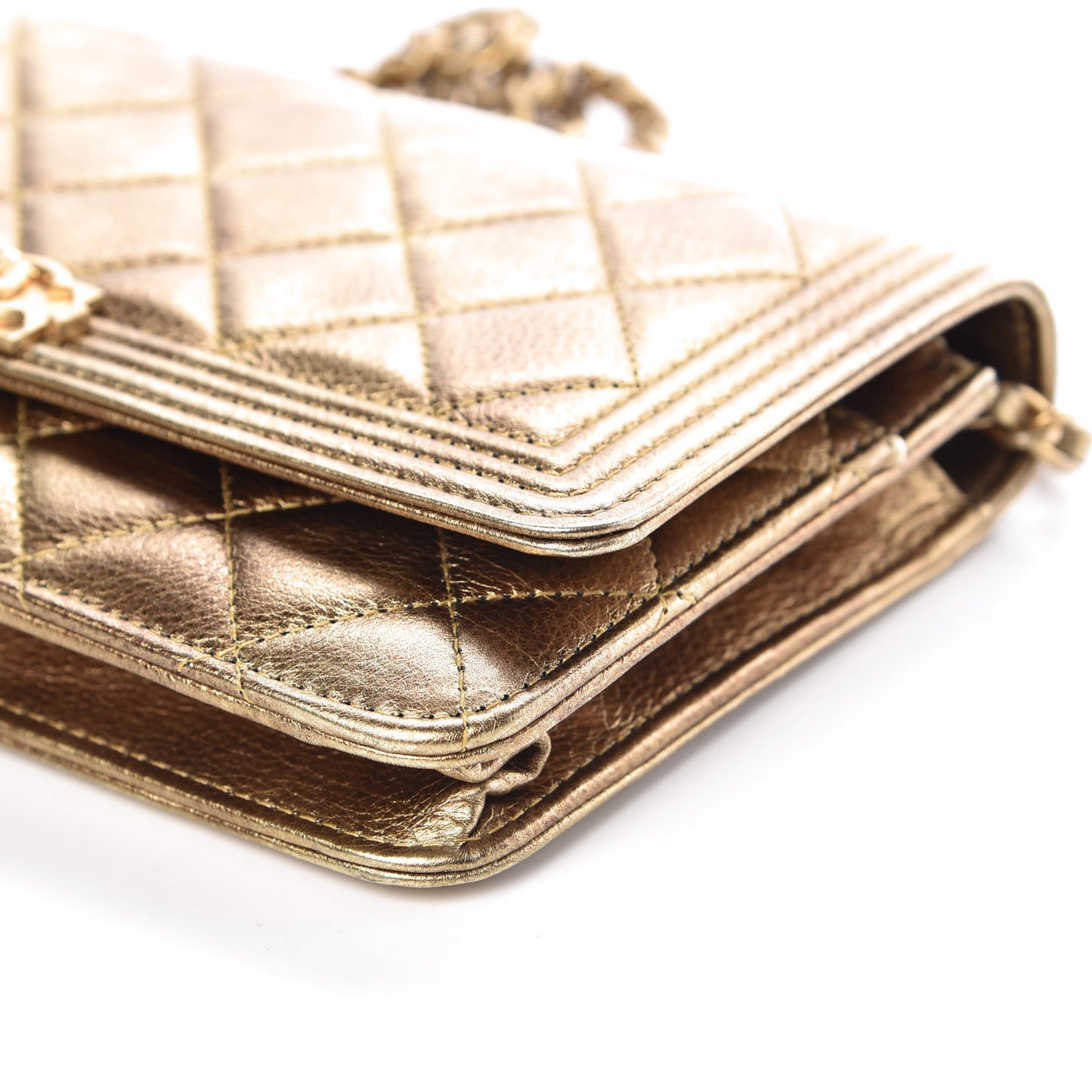 Metallic Calfskin Quilted Boy Wallet On Chain WOC Gold
