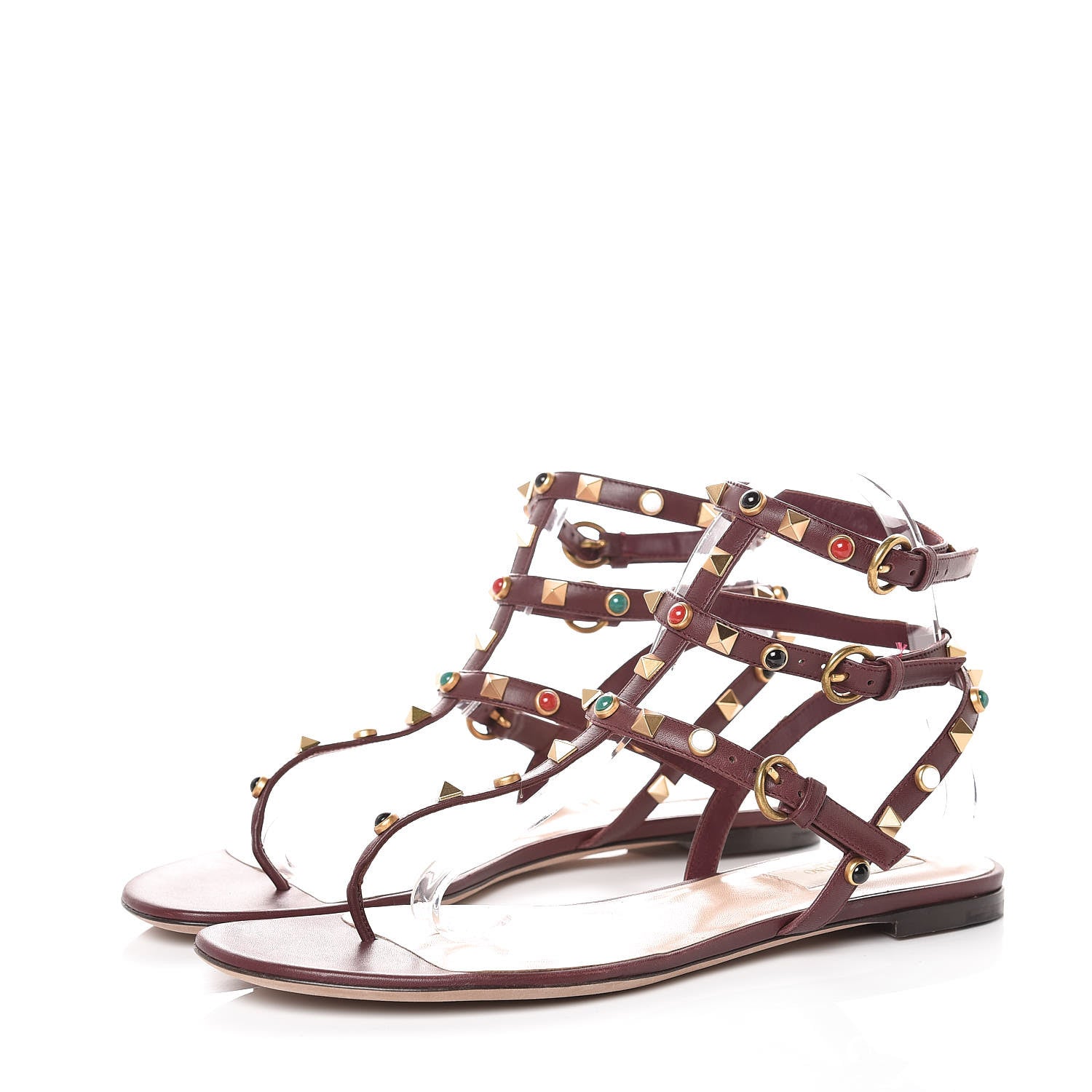 Valentino Garavani Calfskin Rockstud Rolling Cabochon Ankle Wrap Flat Thong Sandals 40 Cacao 3 of 7