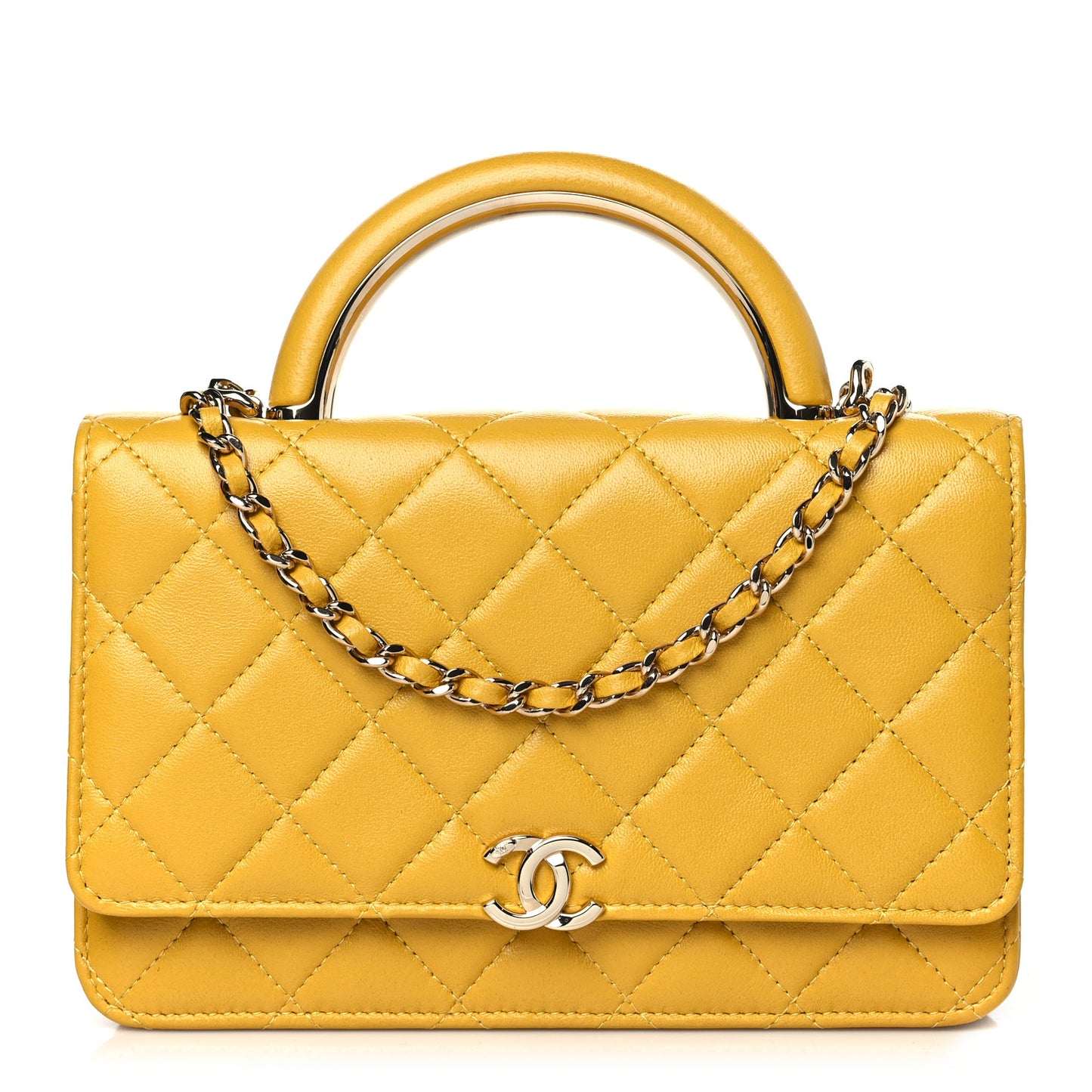 Lambskin Quilted Top Handle Wallet On Chain WOC Yellow