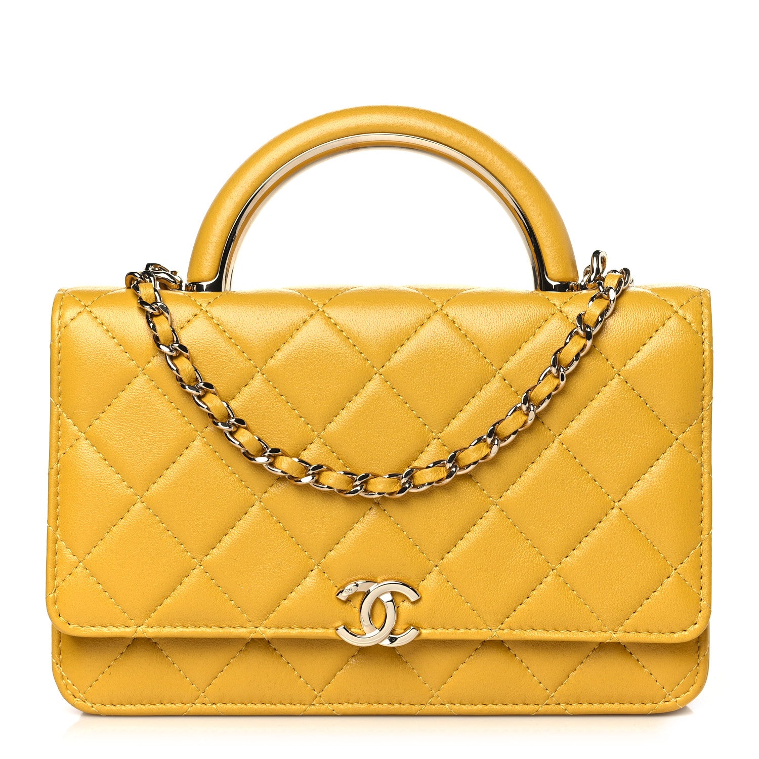 Chanel Lambskin Quilted Top Handle Wallet On Chain WOC Yellow 1 of 10