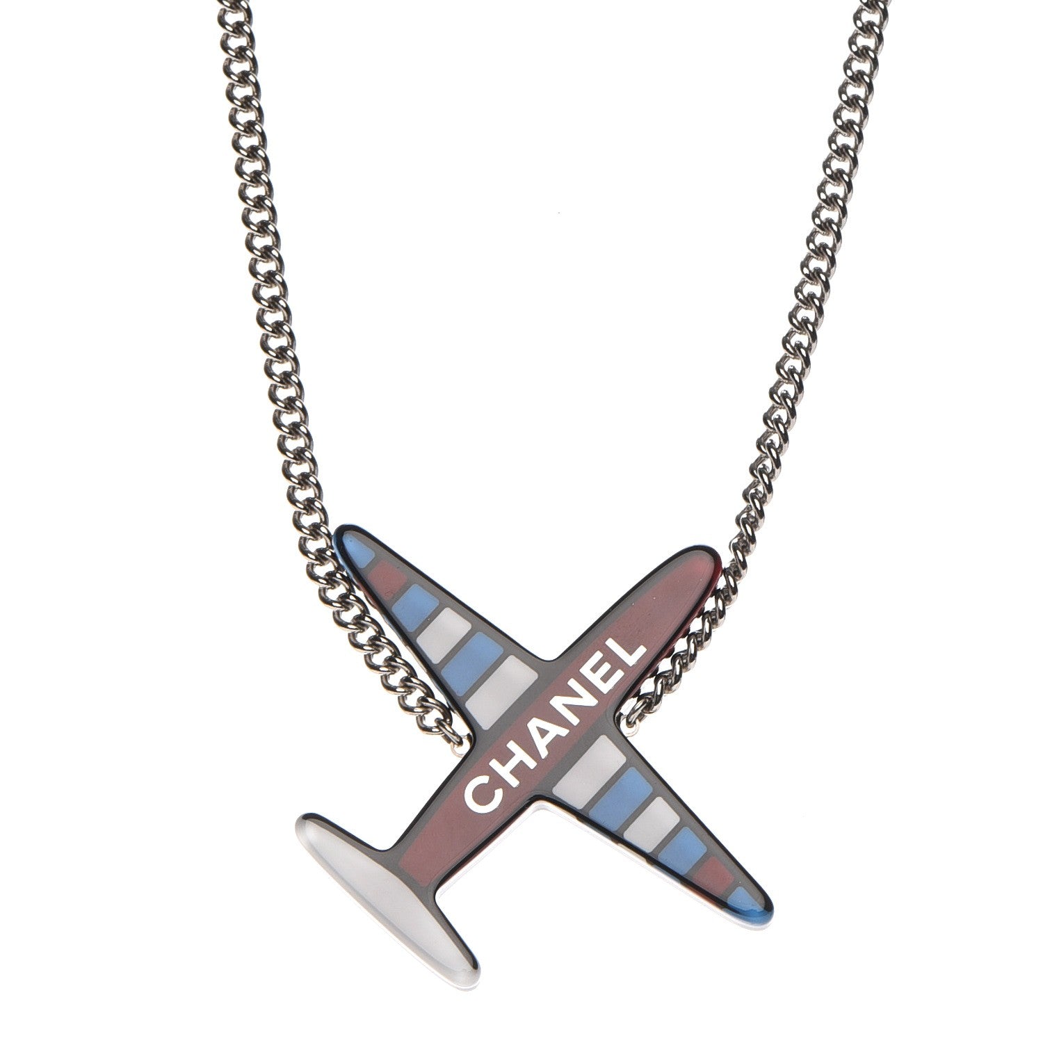 Chanel Resin Striped Airplane Necklace Black White Red 1 of 6