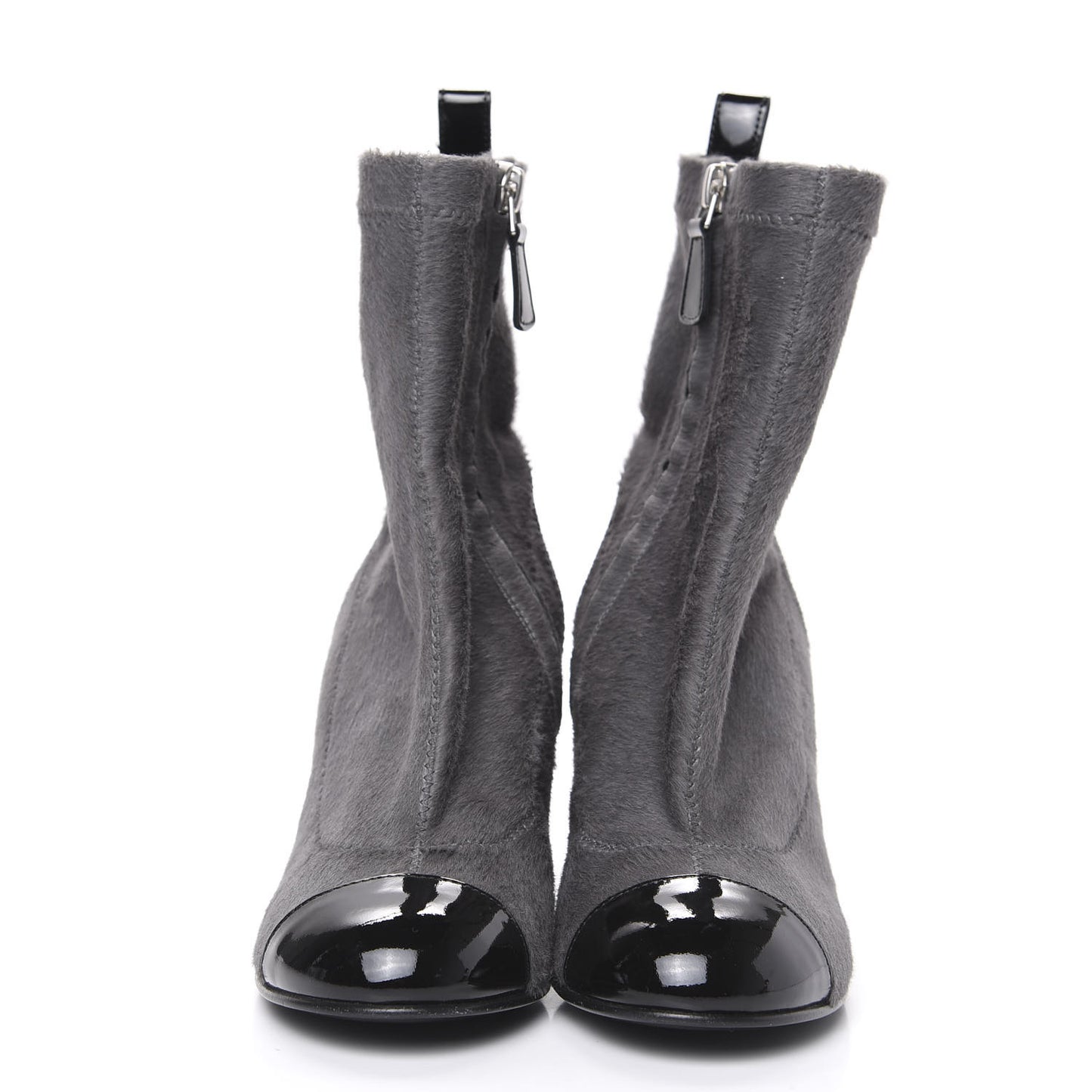 Pony Hair Patent Cap Toe Chain Short Boots 35.5 Grey Black