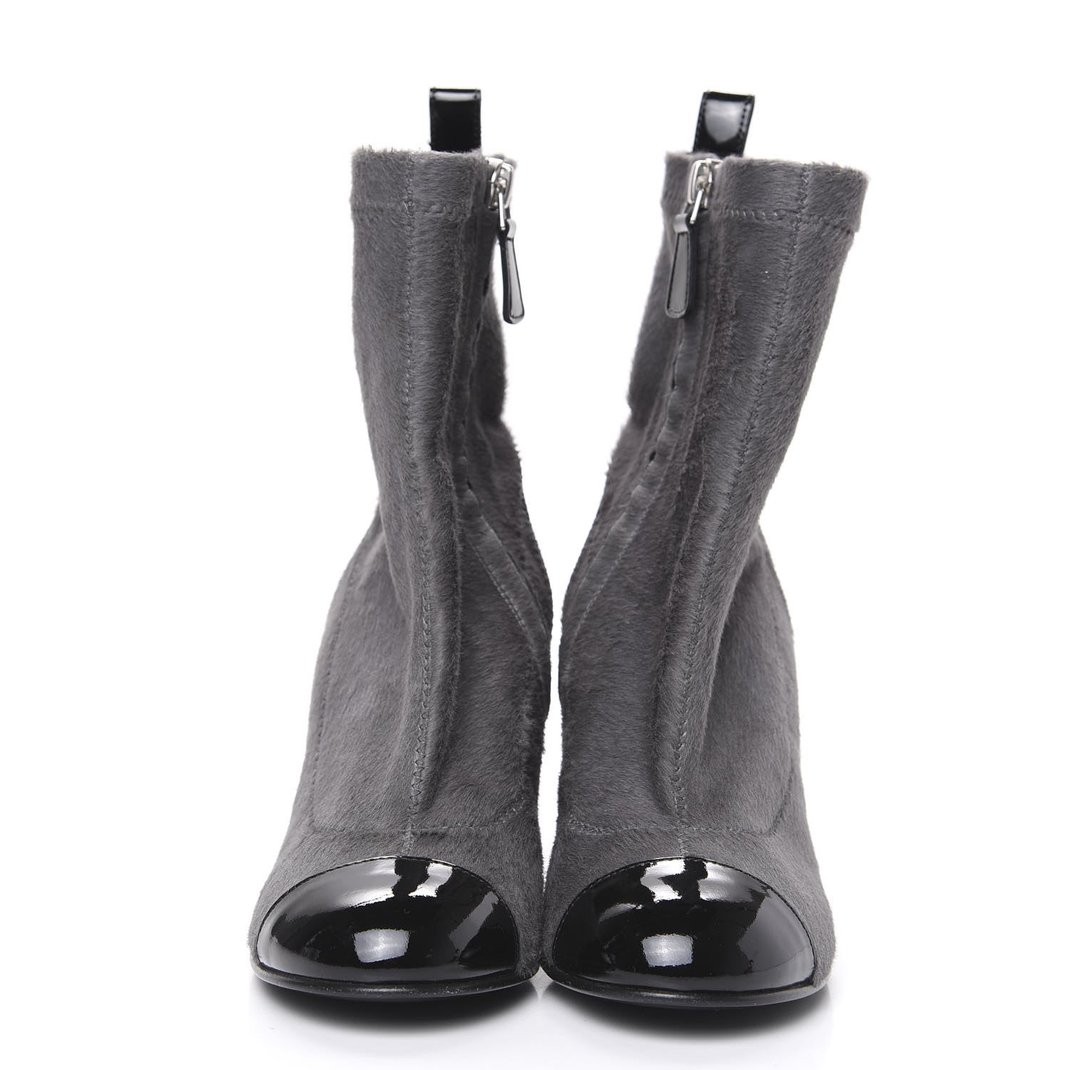 Chanel Pony Hair Patent Cap Toe Chain Short Boots 35.5 Grey Black 2 of 8