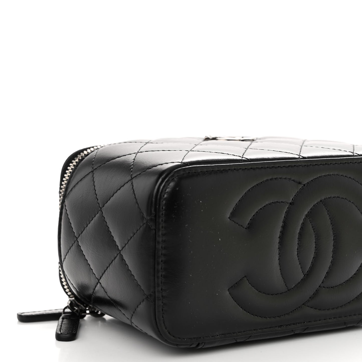 Shiny Crumpled Calfskin Crystal Quilted Precious Handle Vanity Case With Chain Black