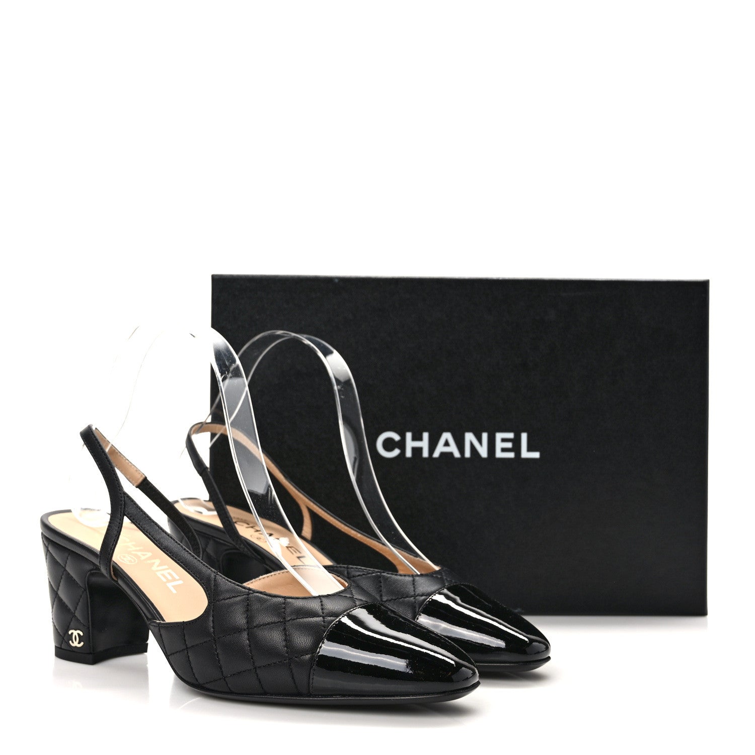 Chanel Lambskin Patent Calfskin Quilted Cap Toe CC Slingback Pumps 38 Black 9 of 9