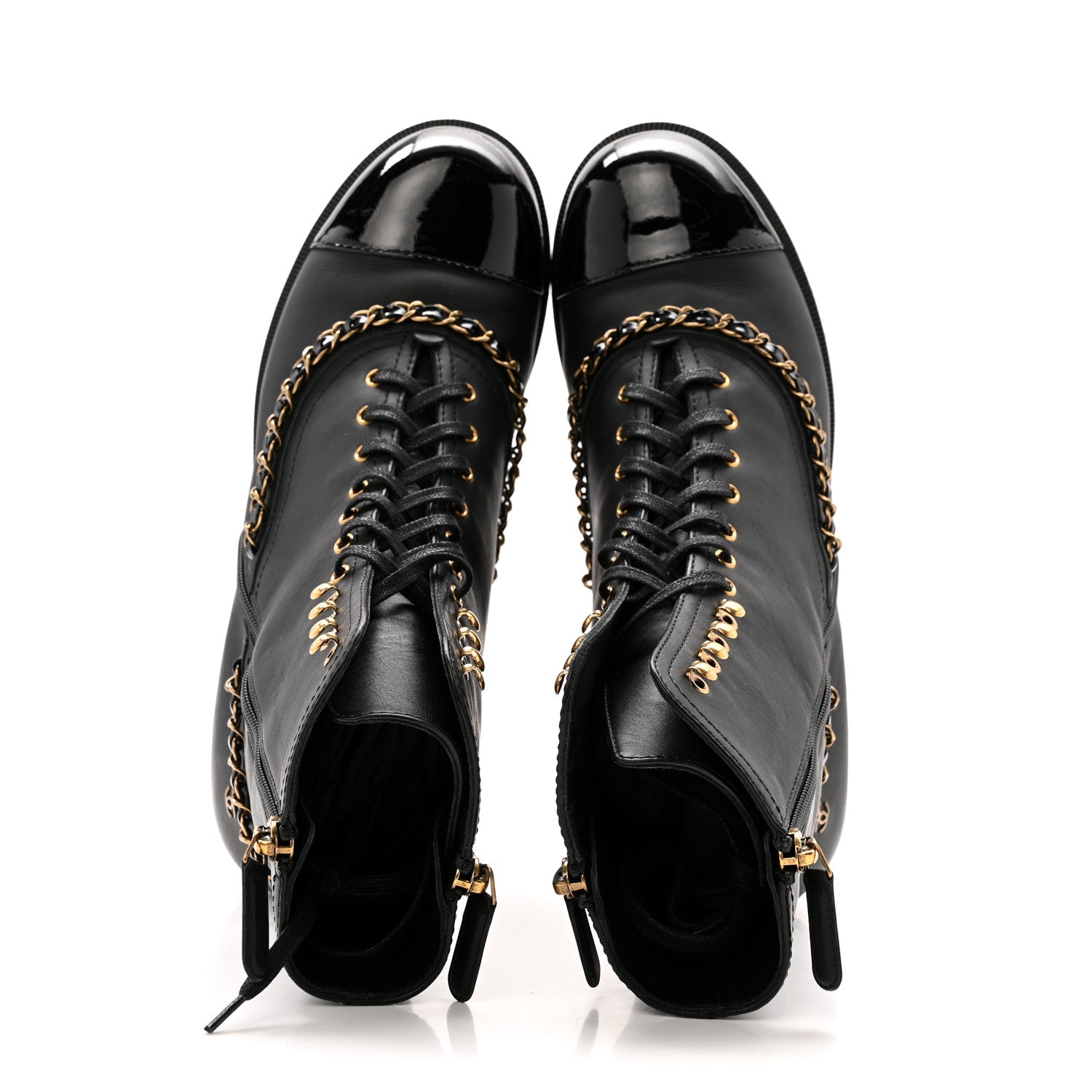 Chanel Calfskin Chain Lace Up Boots 38.5 Black 2 of 12