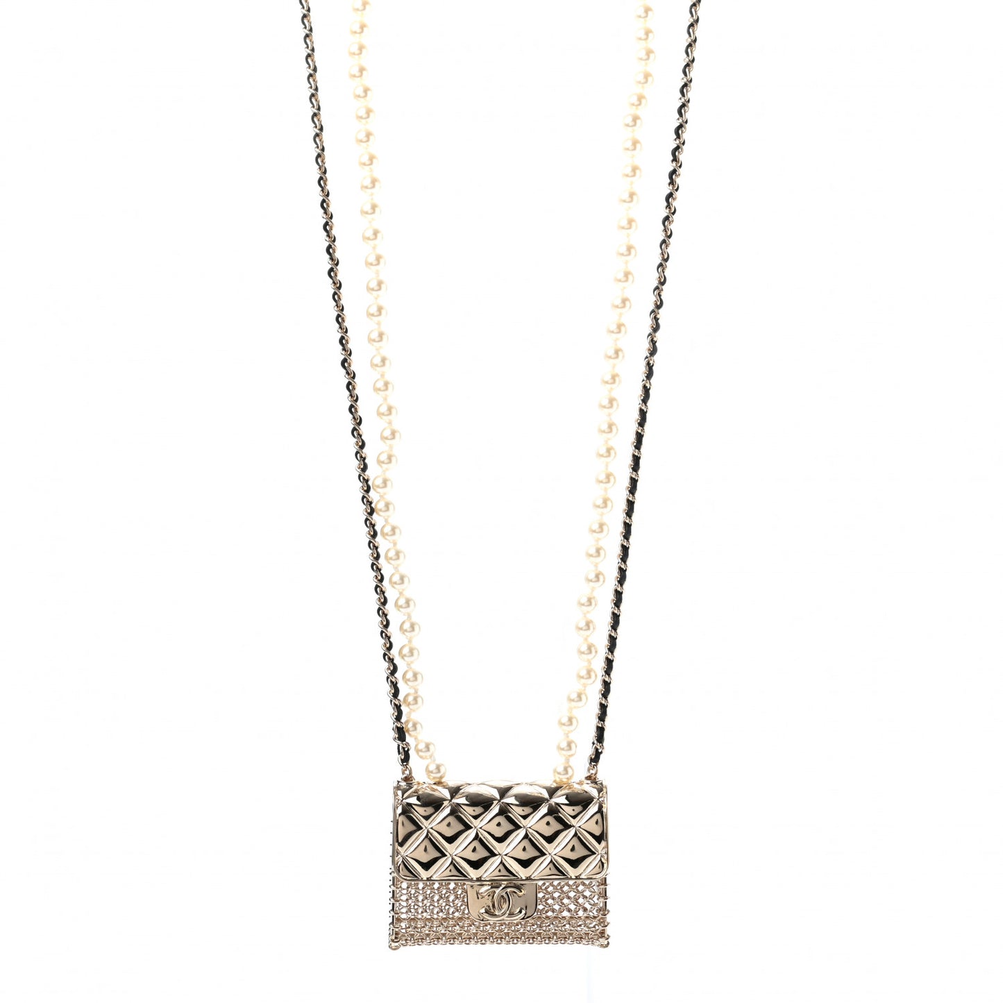 Metal Lambskin Pearl Chain Flap Bag Long Necklace Gold Black Pearly White