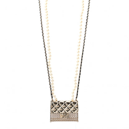 Chanel Metal Lambskin Pearl Chain Flap Bag Long Necklace Gold Black Pearly White 1 of 4