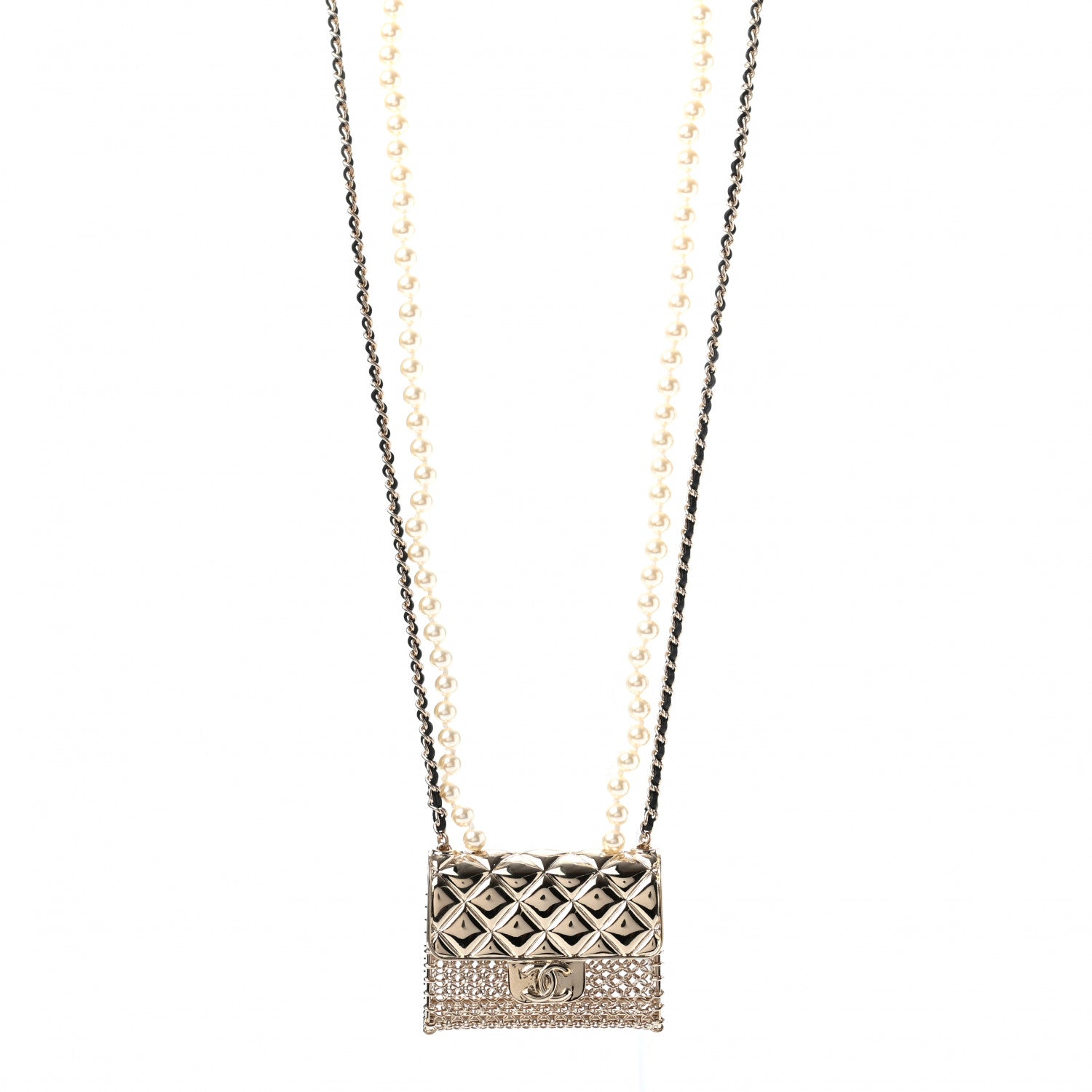 Chanel Metal Lambskin Pearl Chain Flap Bag Long Necklace Gold Black Pearly White 1 of 5
