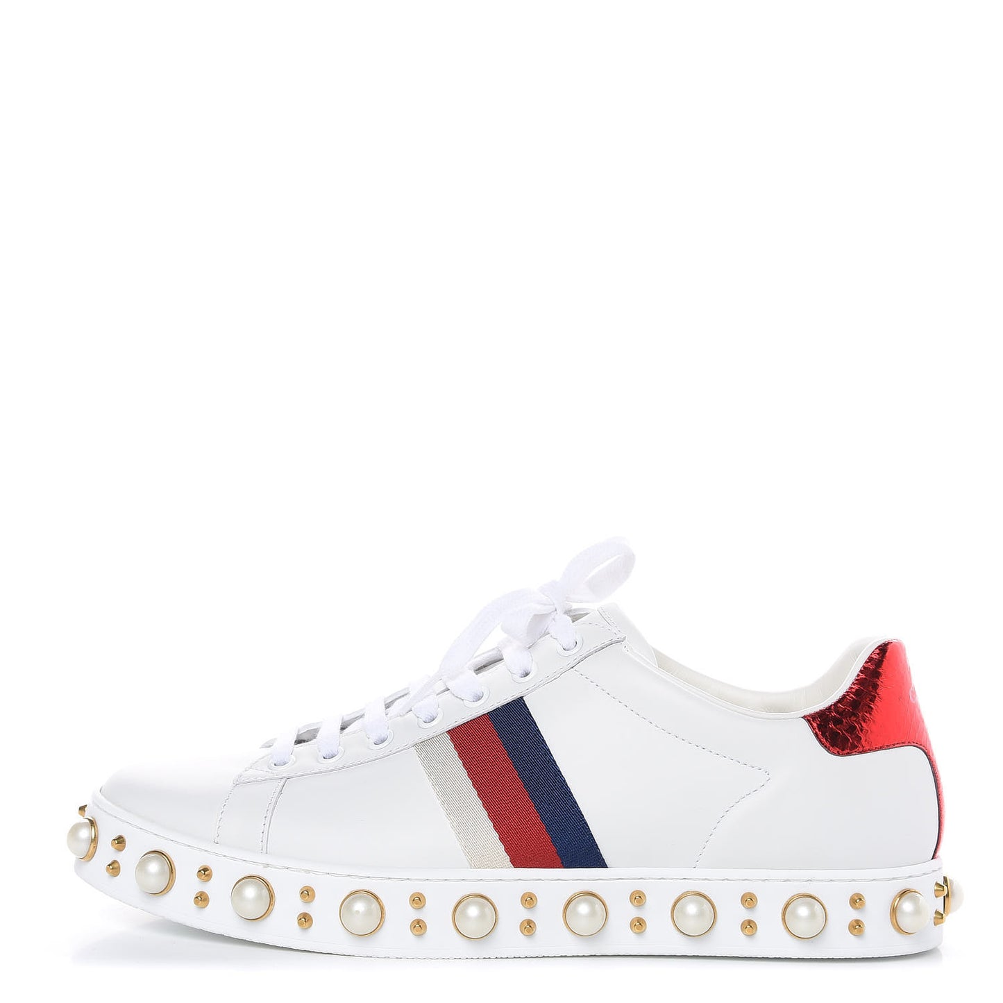 Calfskin Ayers Web Pearl Studded Womens Ace Sneakers 41 White