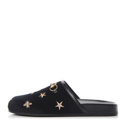 Gucci Softy Velvet Malaga Kid Bee Star Embroidered Womens Horsebit River Slippers 37 Black 1 of 10