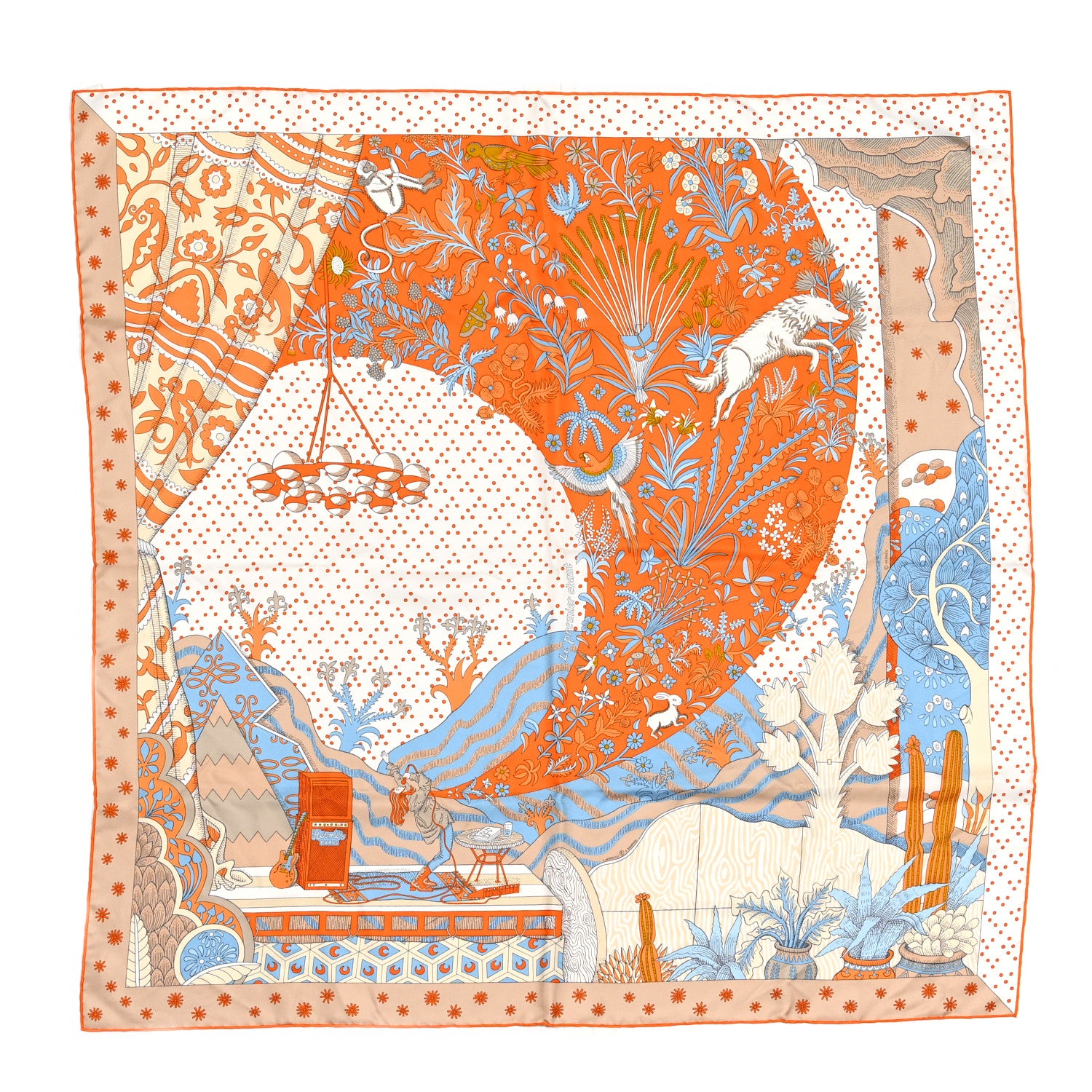 Hermes Silk Le Premier Chant Scarf 90 Orange White Bleu 1 of 7