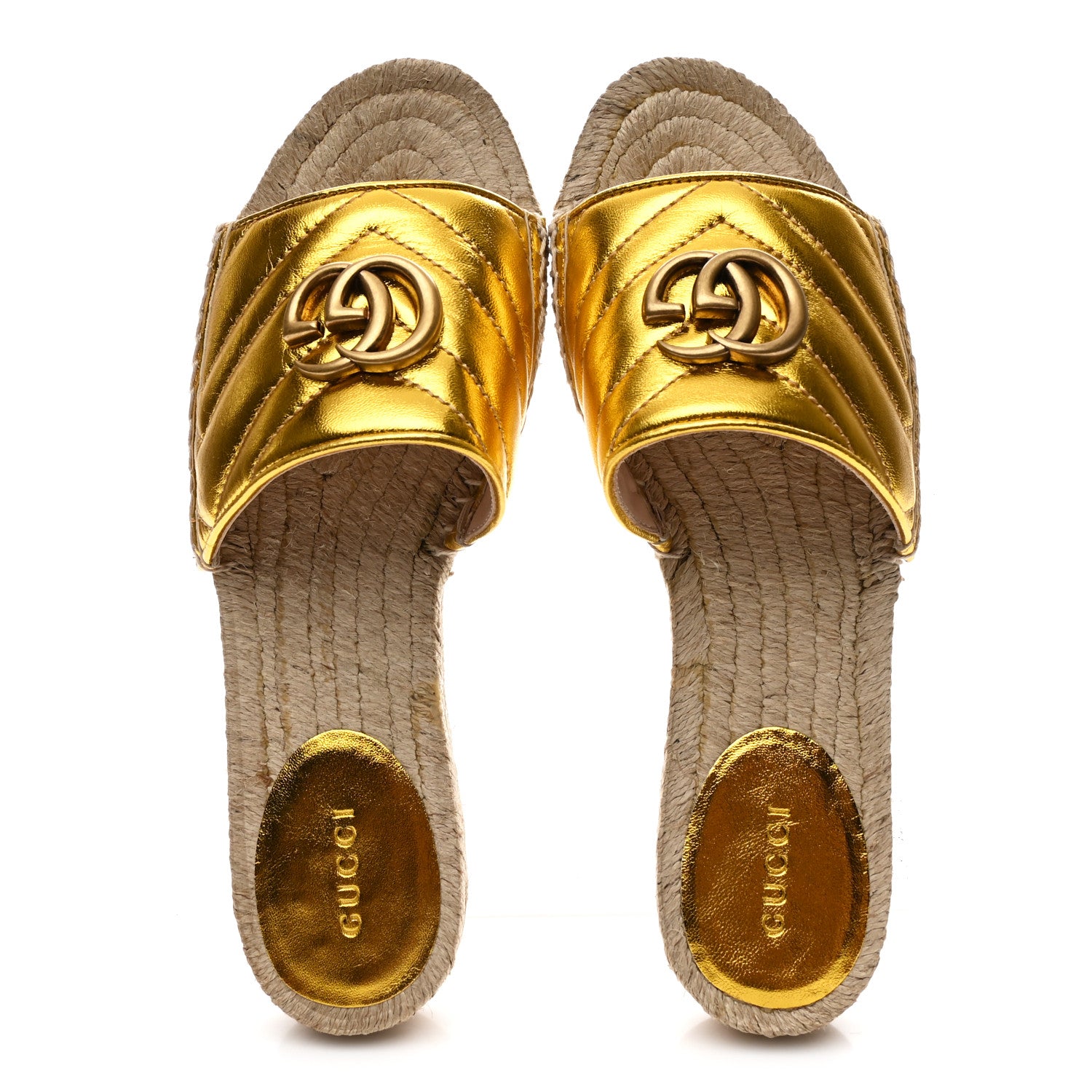 GUCCI ゴールド ミュール 35C Gucci Metallic Nappa Matelasse GG Marmont Espadrille Slide Sandals