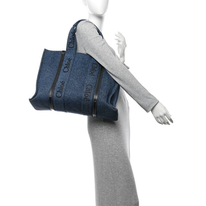 Chloe Denim Calfskin Large Woody Ribbon Tote Blue 2 of 10
