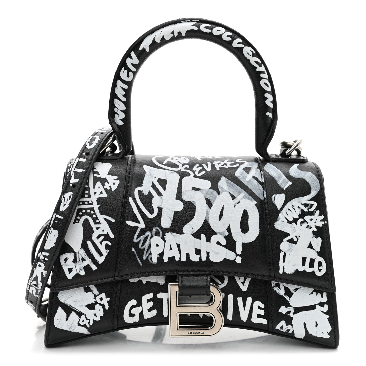 Smooth Calfskin Graffiti Hourglass Top Handle Bag XS Black White