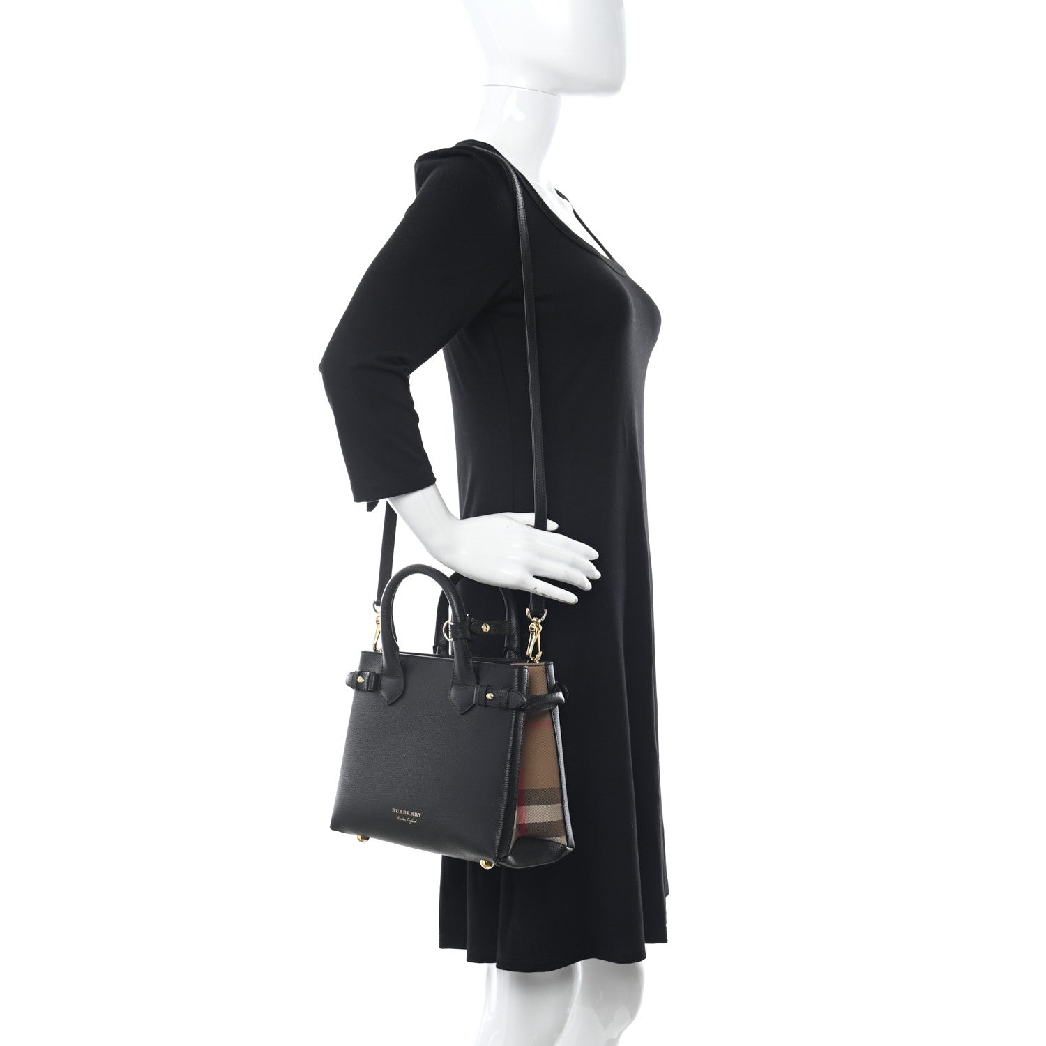 Burberry Grainy Calfskin House Check Small Banner Tote Black 2 of 9