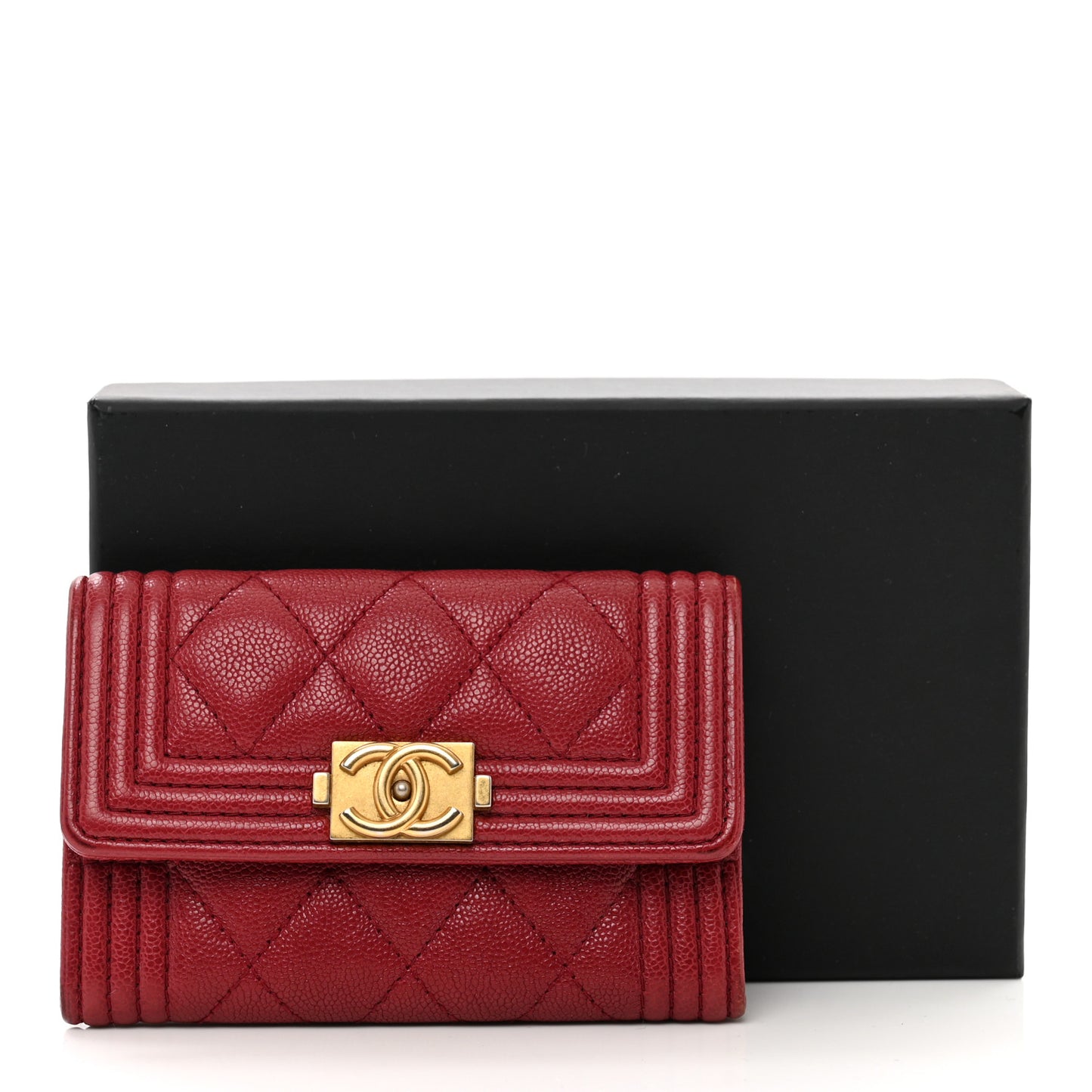 Caviar Quilted Boy Flap Card Holder Wallet Red