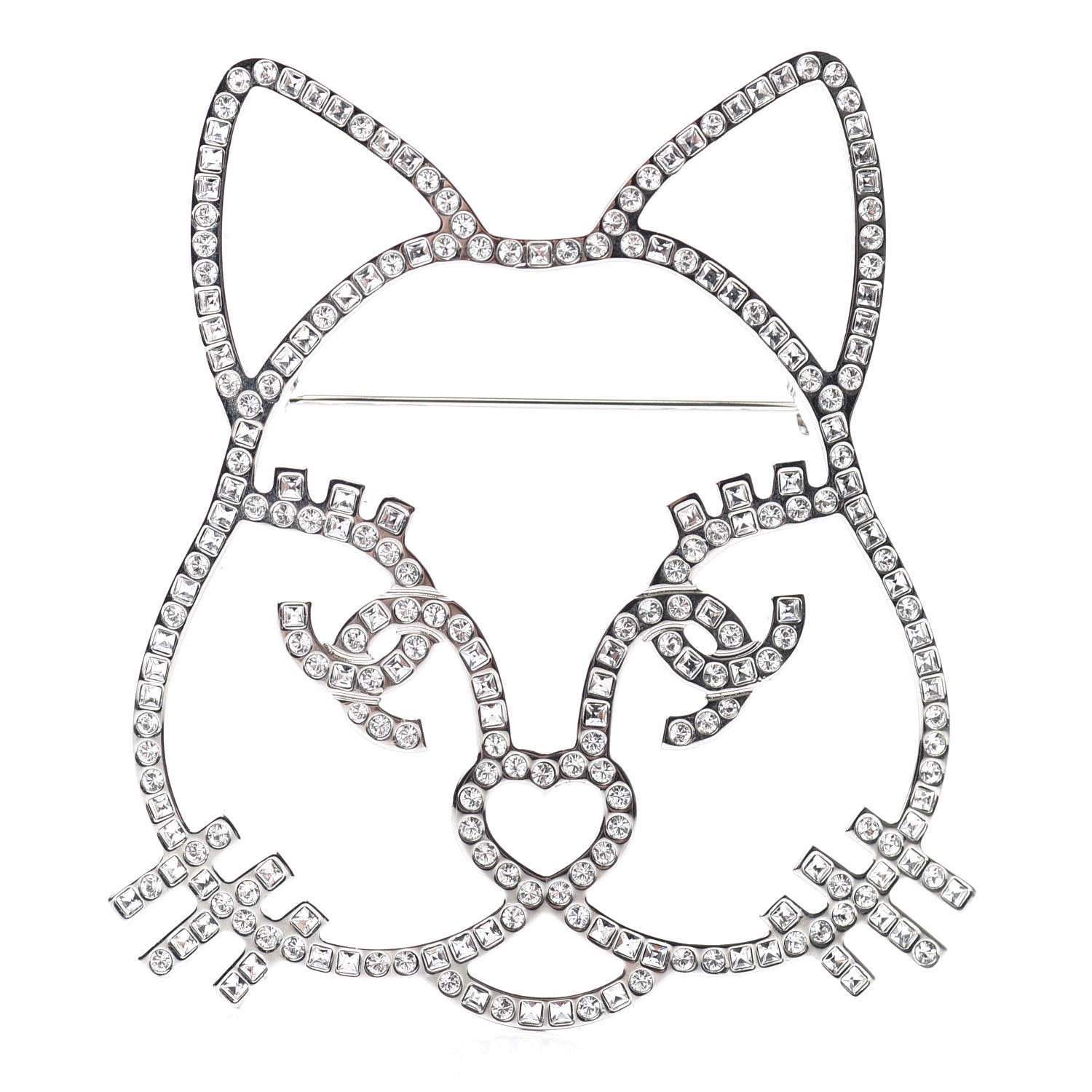 Chanel Strass Crystal Emoji Choupette Cat Brooch Silver 1 of 5