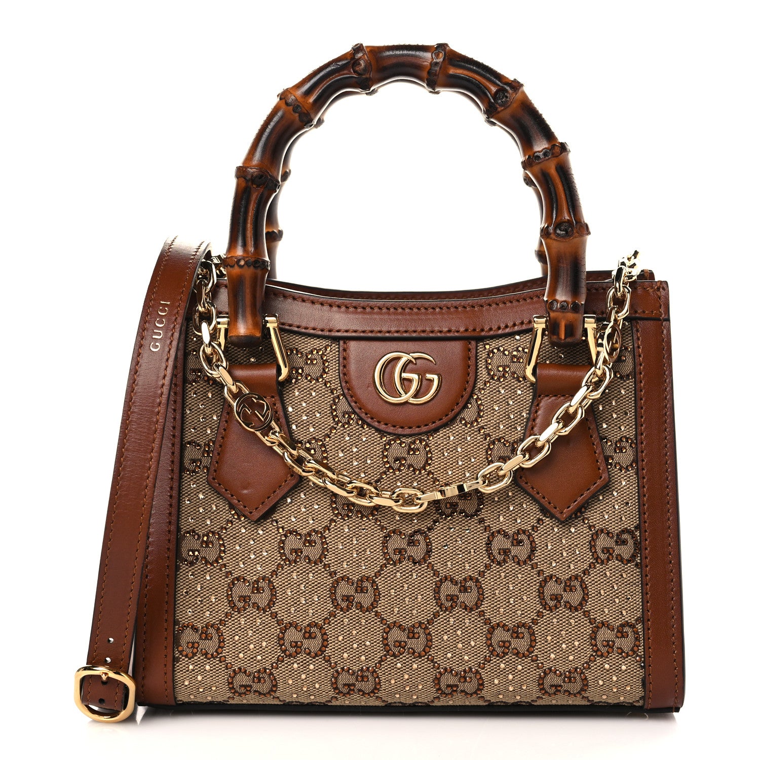 Gucci New Canvas Charisma Calfskin Crystal GG Monogram Mini Diana Tote Bag Camel Ebony 1 of 8