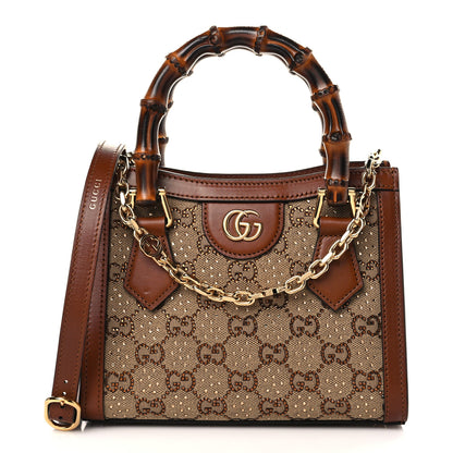 Gucci New Canvas Charisma Calfskin Crystal GG Monogram Mini Diana Tote Bag Camel Ebony 1 of 8