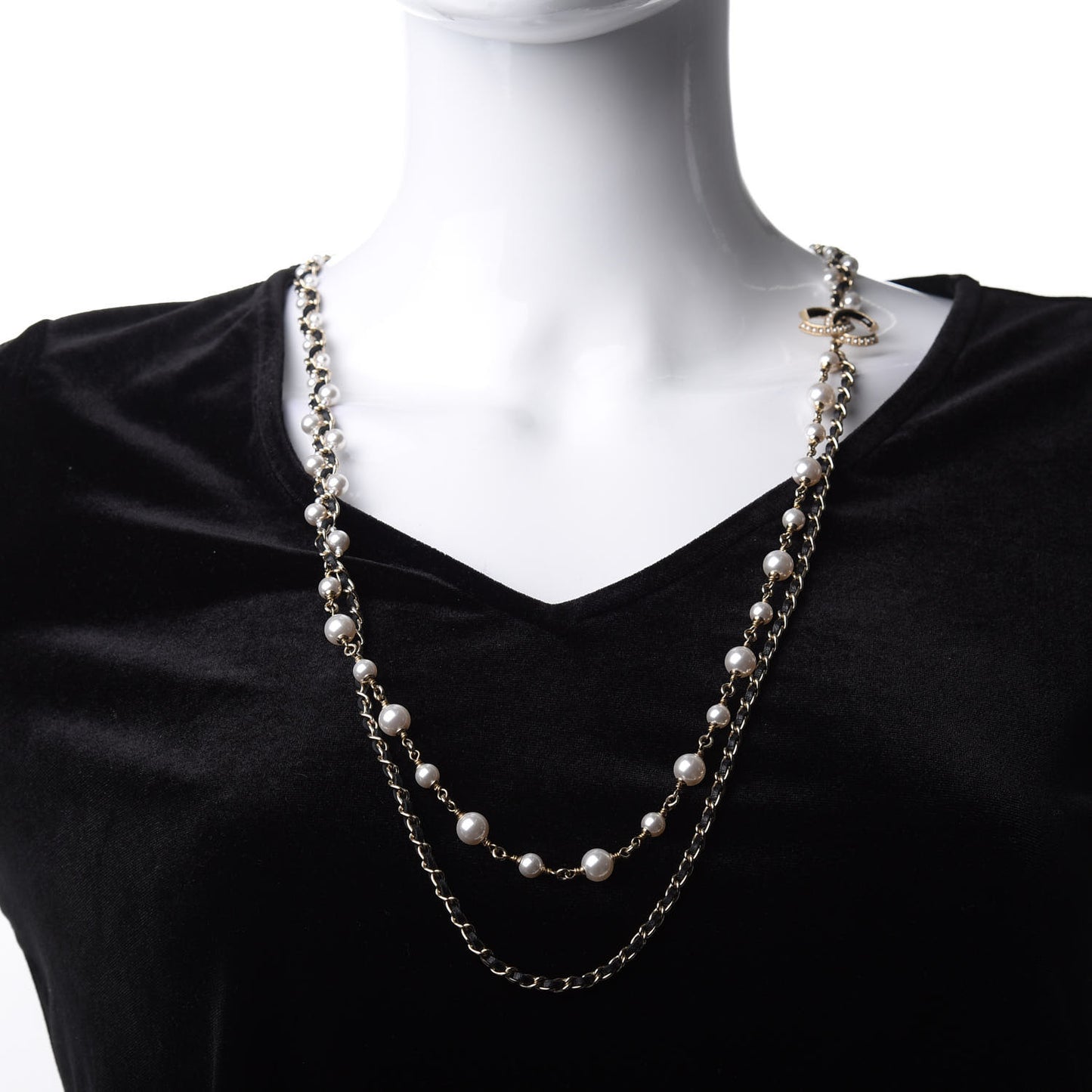 Lambskin Pearl CC Chain Multi Strand Necklace Black Gold