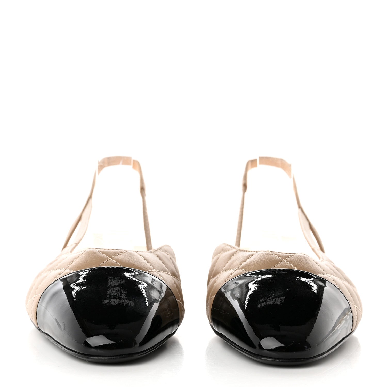 Chanel Lambskin Patent Cap Toe CC Slingback Flats 37.5 Beige Black 2 of 10