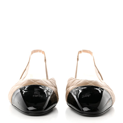 Chanel Lambskin Patent Cap Toe CC Slingback Flats 37.5 Beige Black 2 of 10