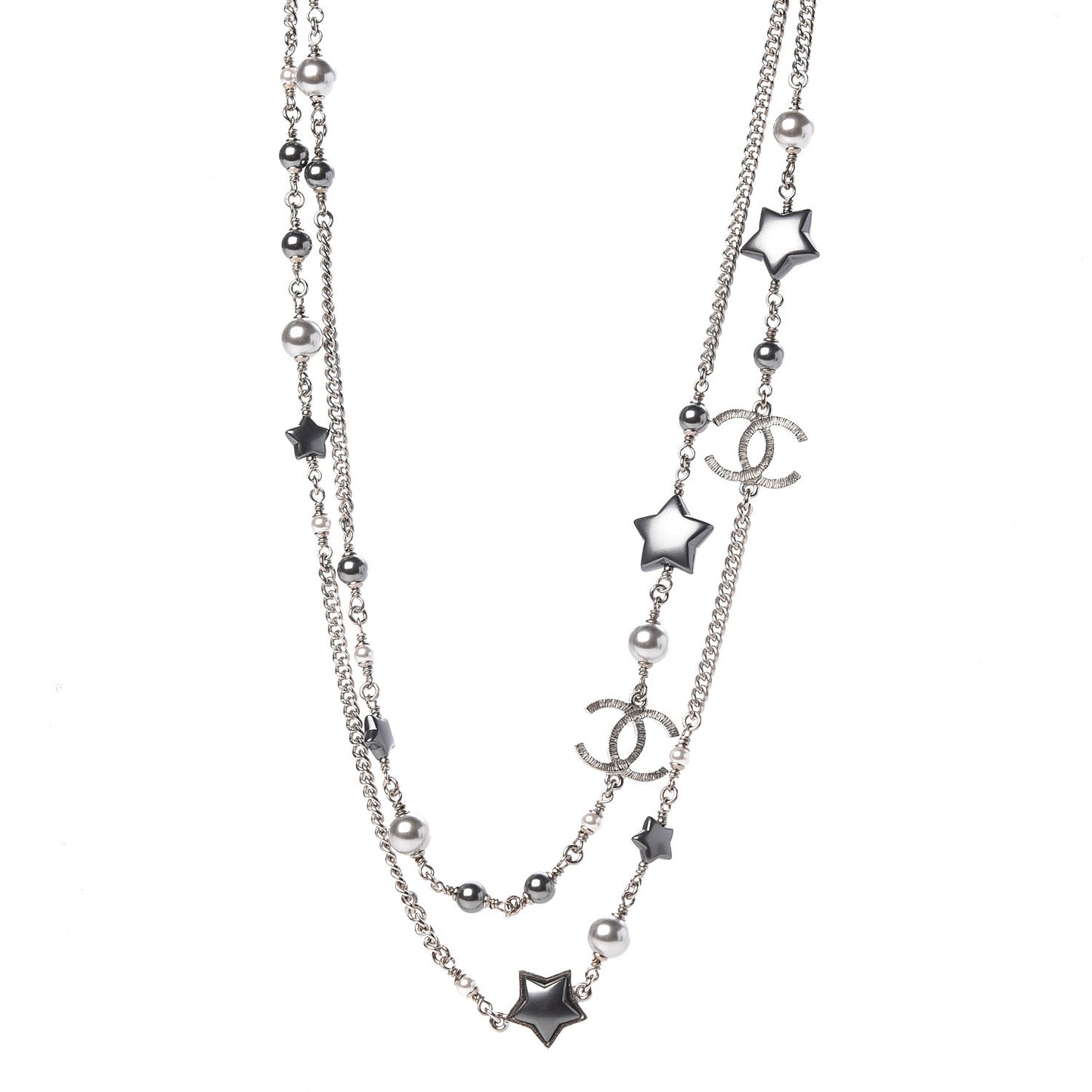 Resin Pearl Star CC Necklace Grey Silver