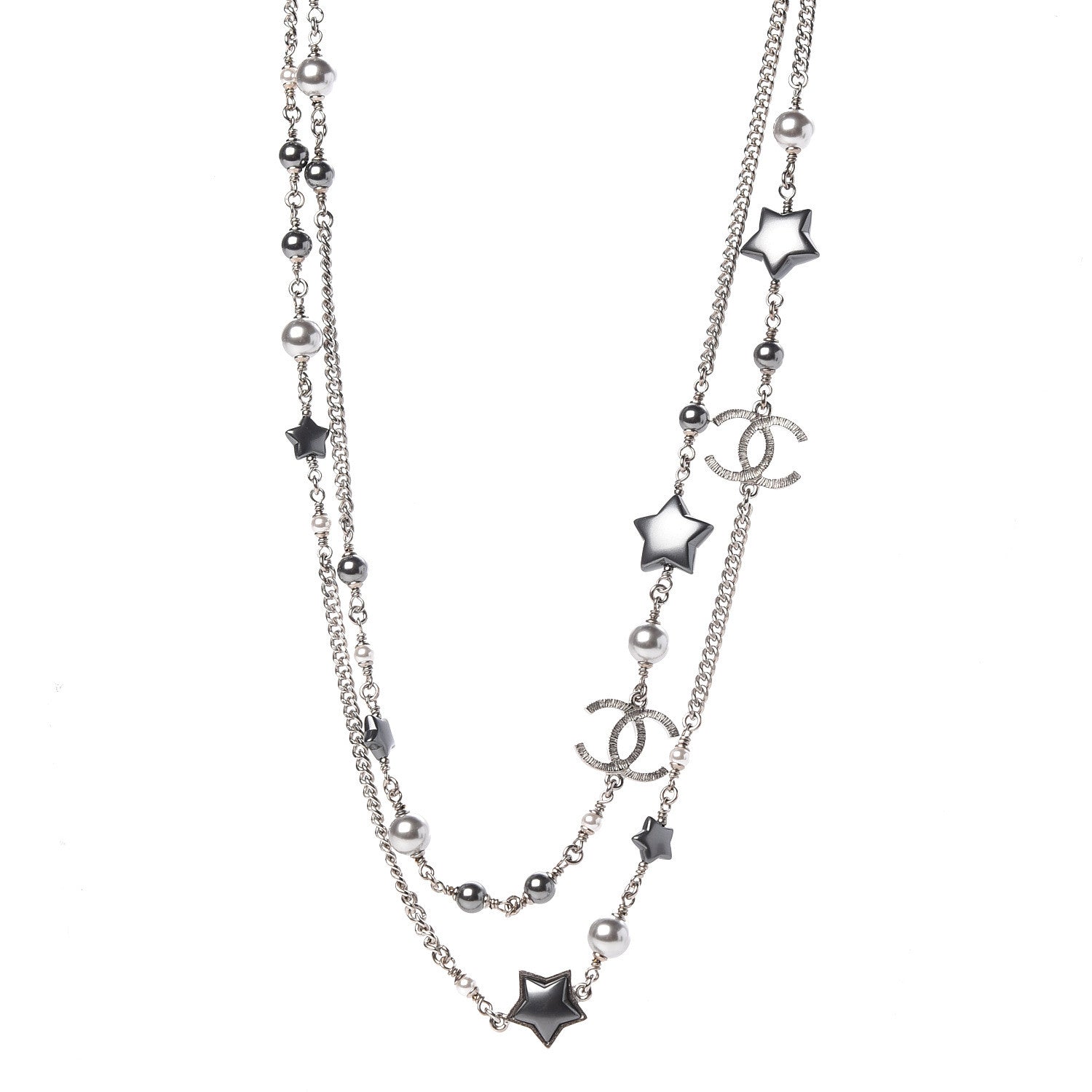 Chanel Resin Pearl Star CC Necklace Grey Silver 1 of 6