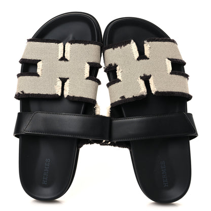 Hermes Techno Fringed H Canvas Caflskin Womens Chypre Sandals 39 Prunoir Black 2 of 9