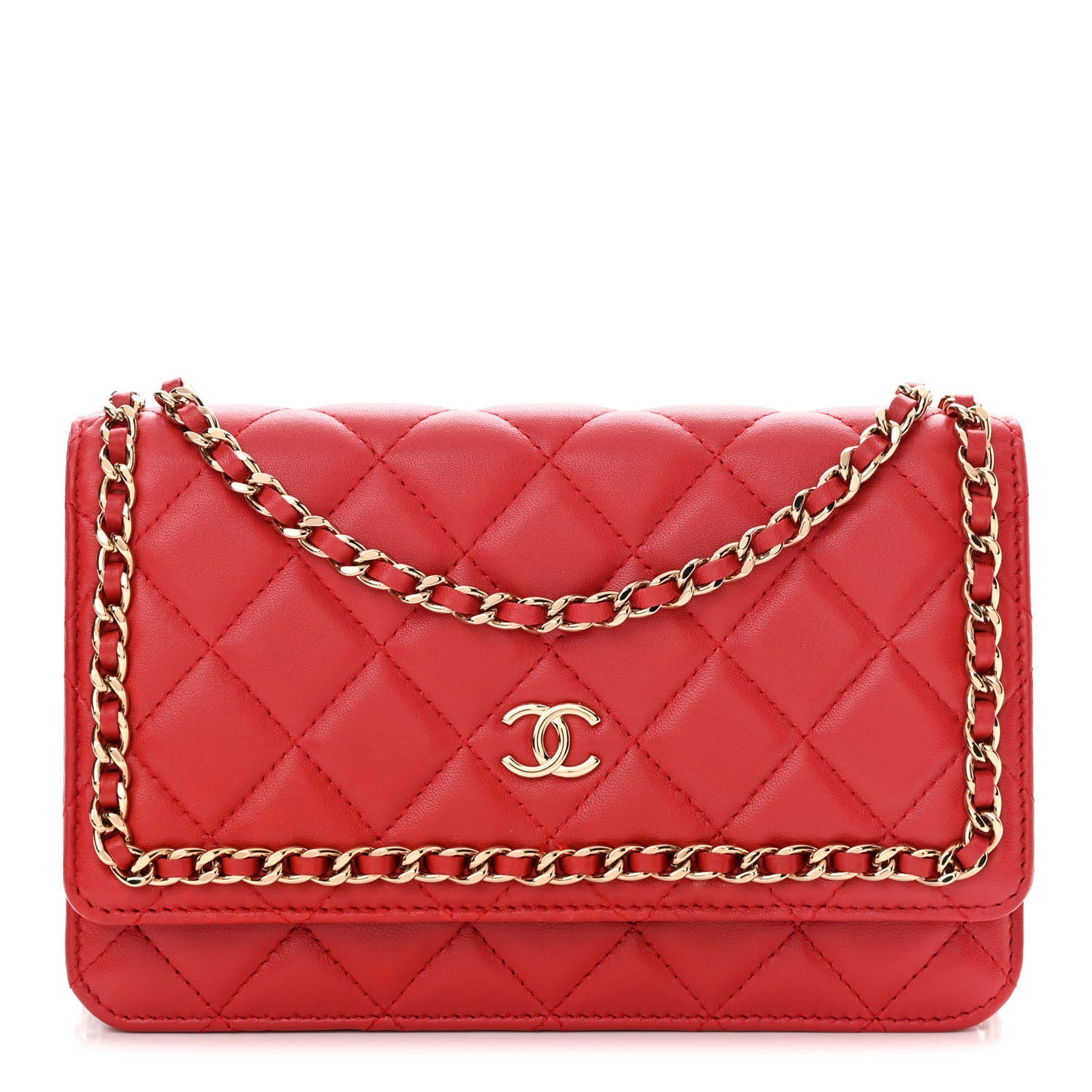 Lambskin Quilted Chain Around Wallet On Chain WOC Red