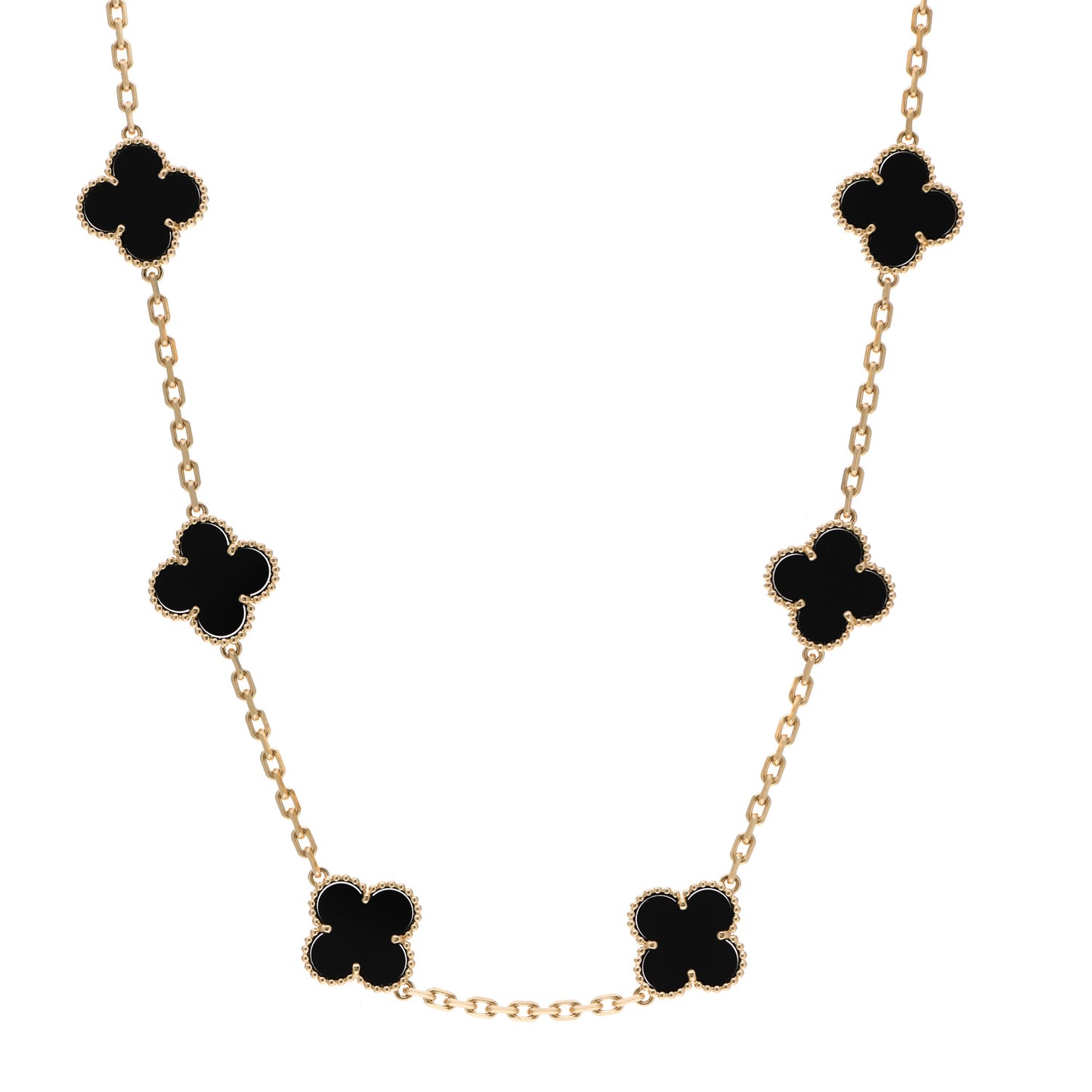 18K Yellow Gold Black Onyx 10 Motifs Vintage Alhambra Necklace