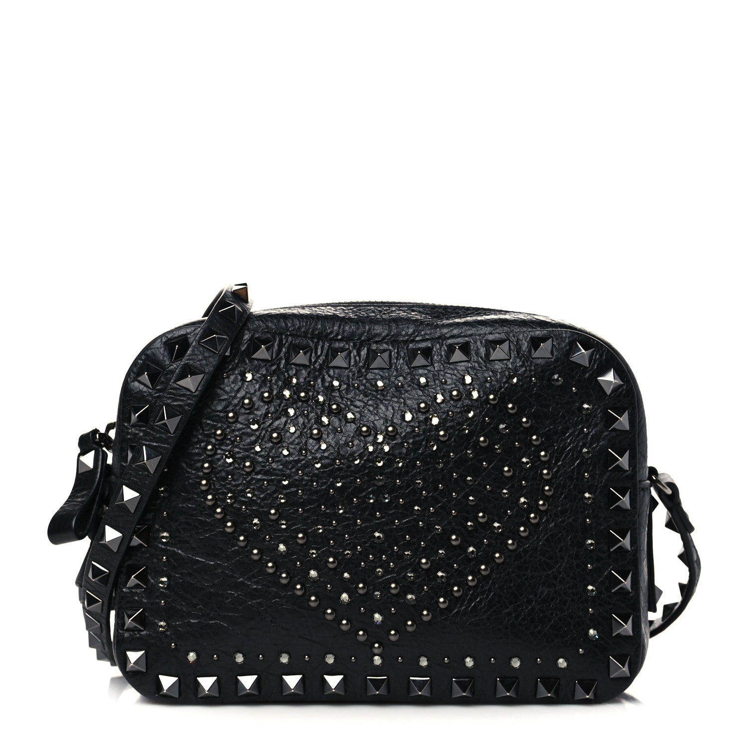 Valentino Garavani Craquele Nappa Rockstud Crystal Punk Heart Camera Crossbody Bag Black 1 of 6